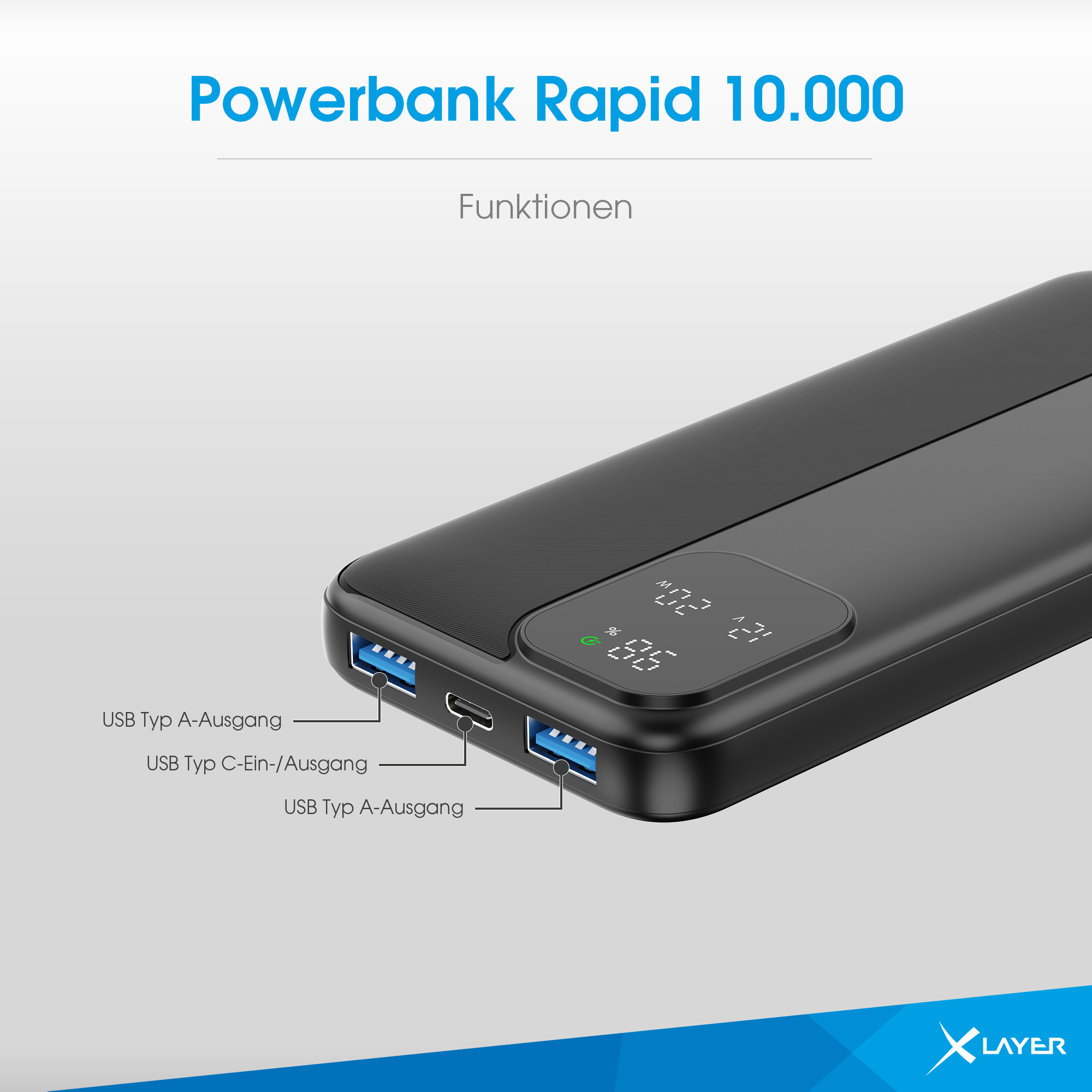 Schwarze Powerbank mit USB-Anschlüssen und digitaler Anzeige.