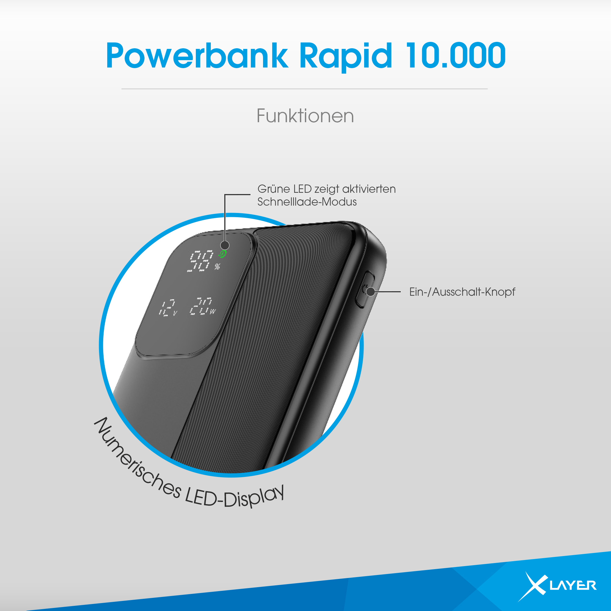 Schwarzes Powerbank mit LED-Display zeigt 98% und 12V/20W. Grün leuchtet.