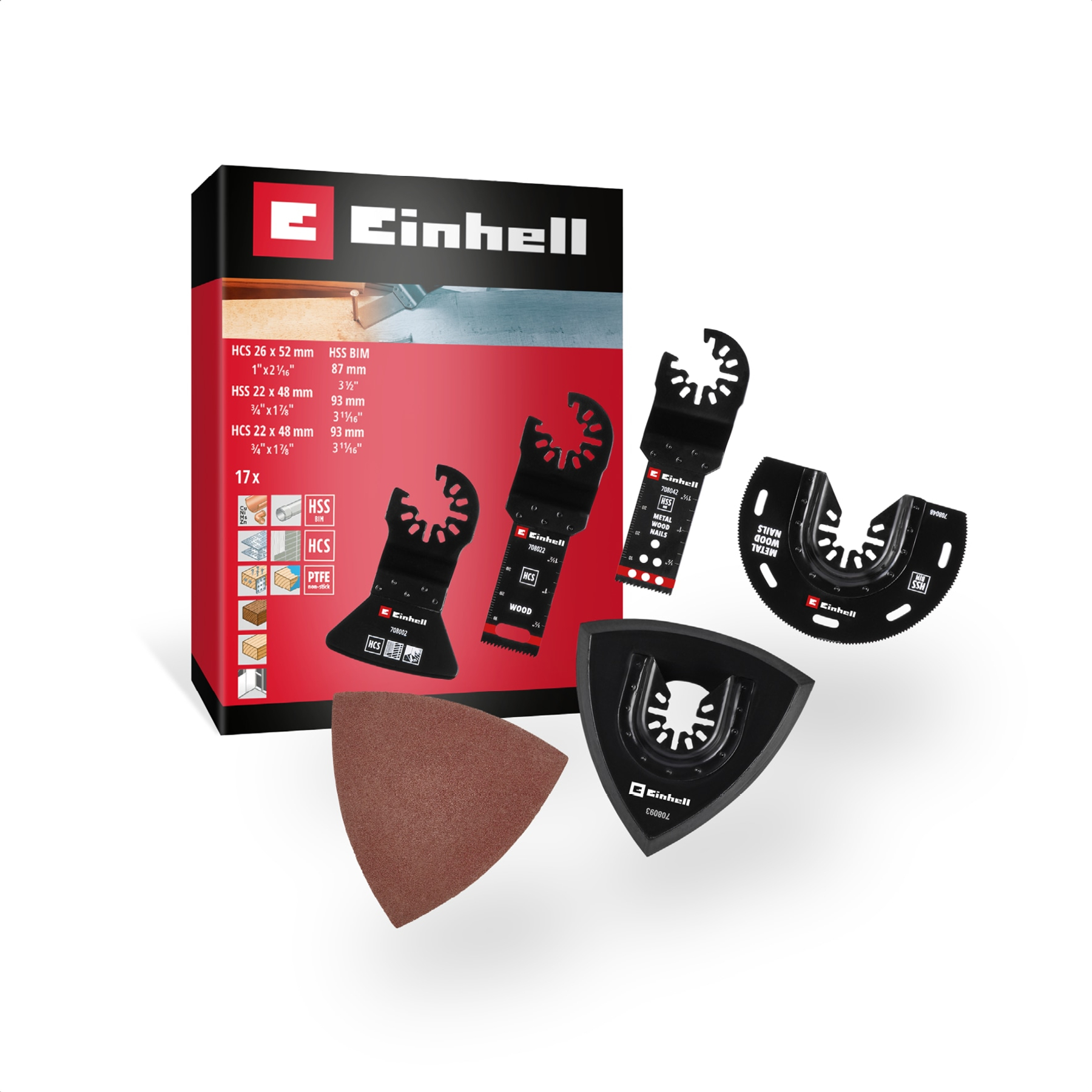 Confezione Einhell con accessori per utensili oscillanti: lame, carta vetrata.