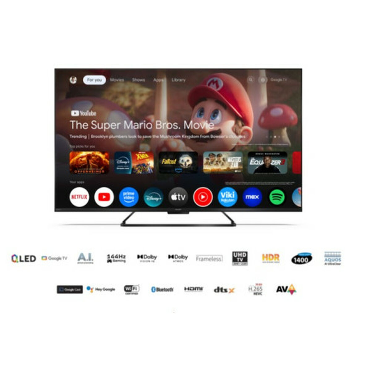Telewizor wyświetla menu filmu Super Mario Bros. z ikonami aplikacji, takimi jak Netflix i YouTube.