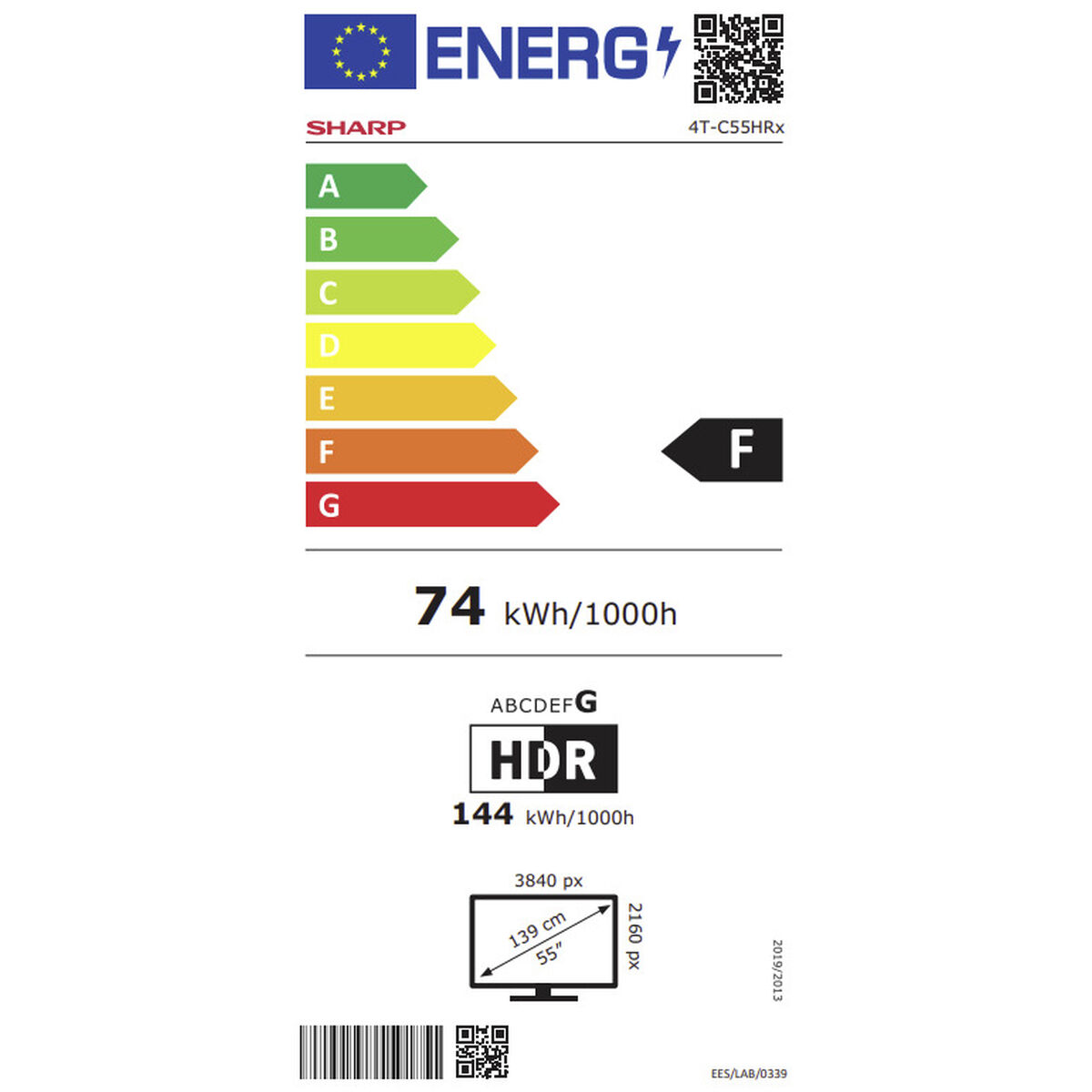 Etykieta energetyczna TV Sharp, klasa F, 74 kWh/1000h.