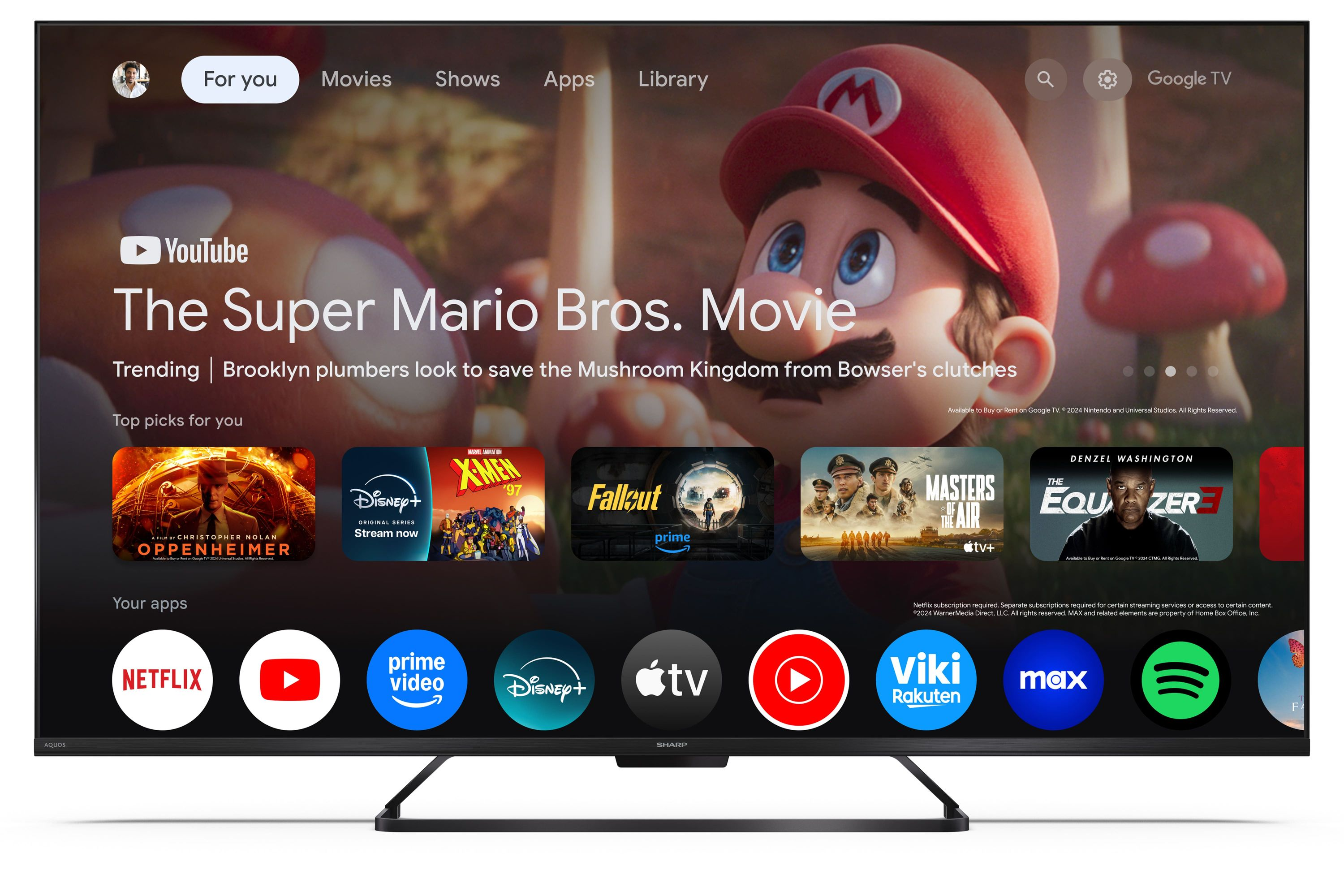 Google TV Startbildschirm mit Super Mario Bros. Movie und App-Icons.