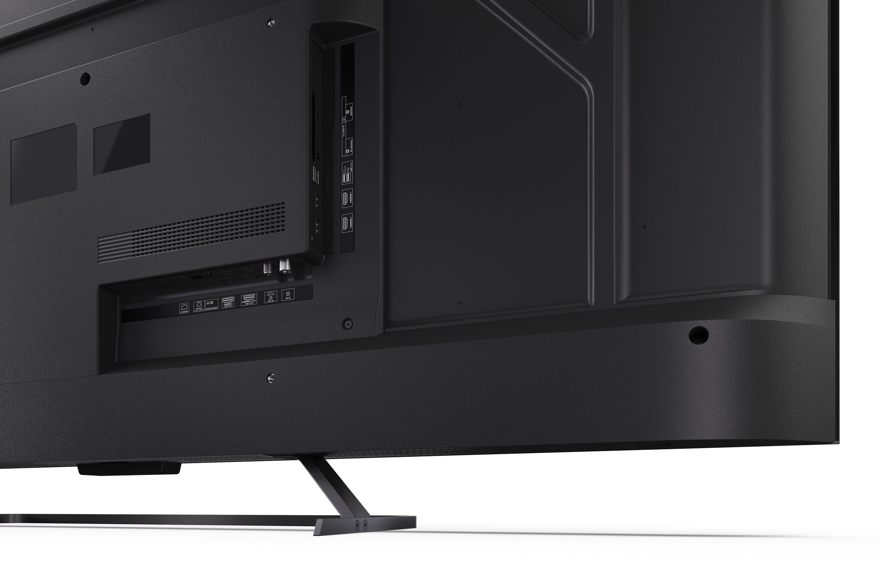 Rückseite eines schwarzen Fernsehers mit Anschlüssen und Standfuß.