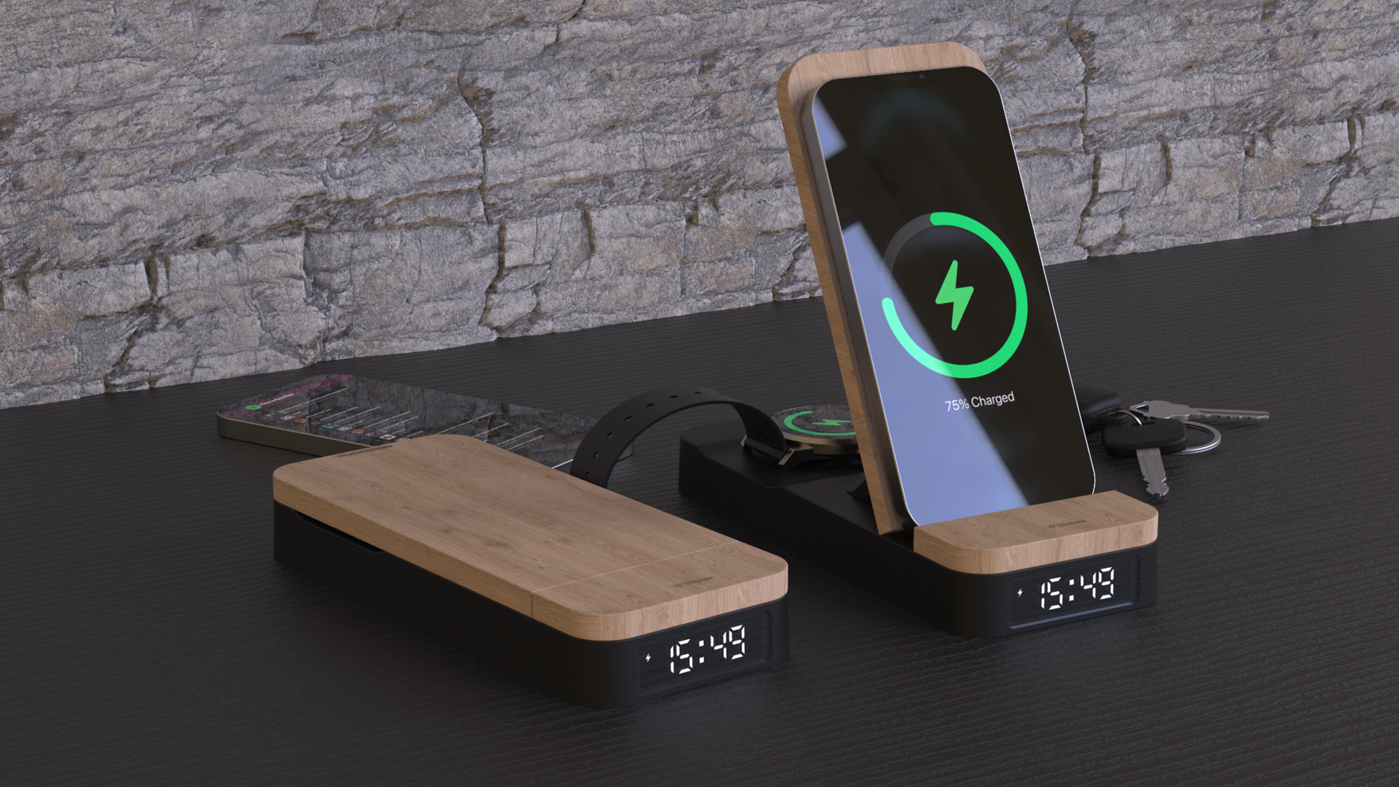 Stacja ładowania z telefonem, zegarkiem, kluczami i godziną 15:49 na czarnym stole.