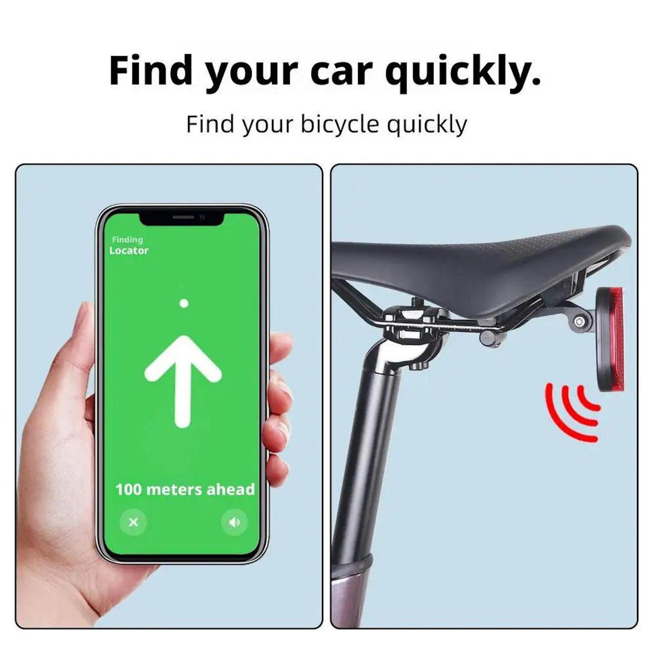 Hand hält Handy mit Ortungs-App; Fahrradsattel mit Rücklicht.