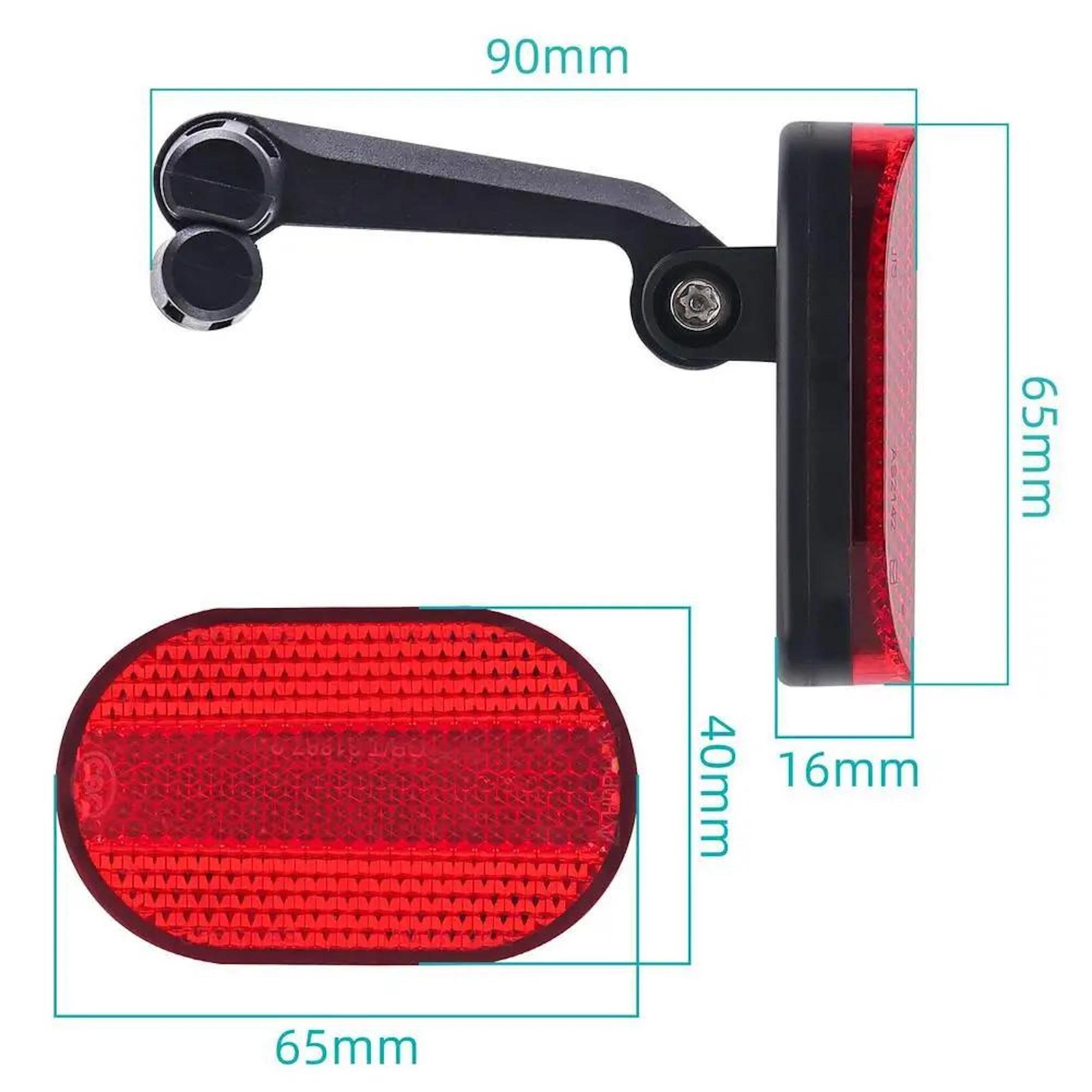 Roter Reflektor mit Halterung, Maße 90x65mm, 40x16mm.