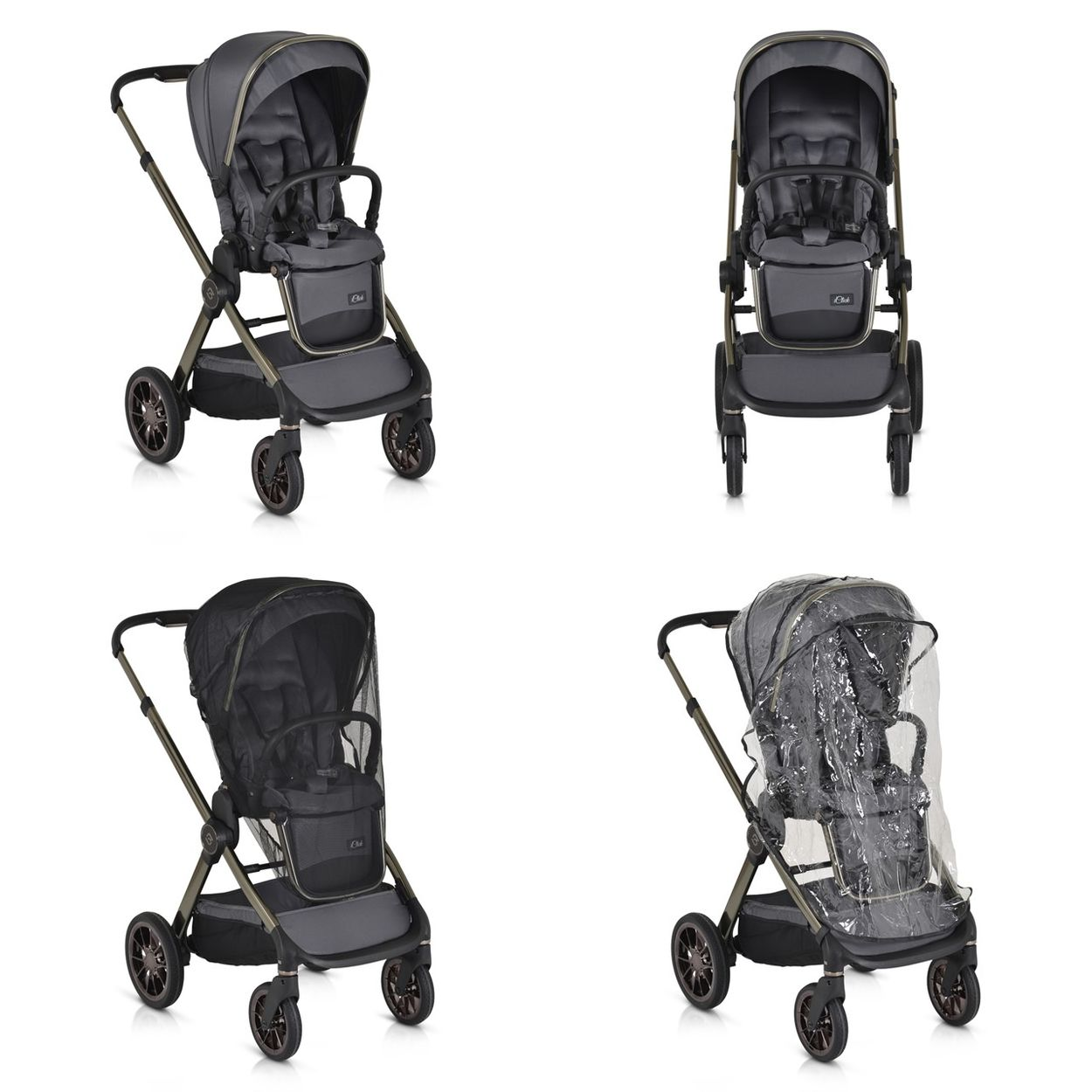 Grauer Kinderwagen mit Zubehör: mit Netz und Regenschutz.