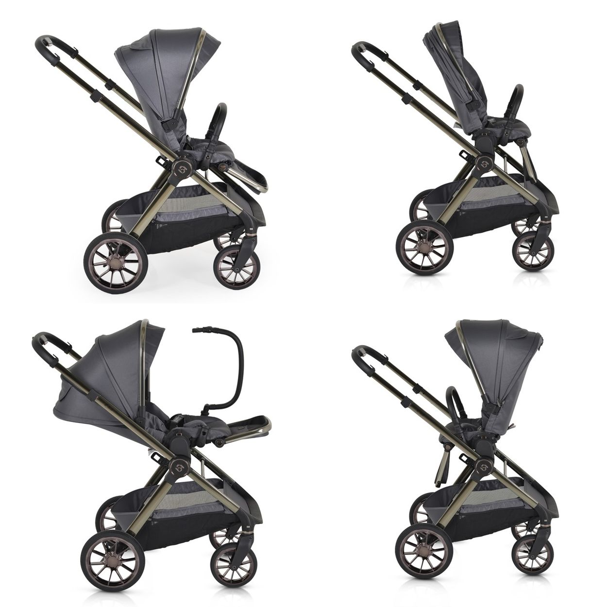 Ein grauer Kinderwagen mit abnehmbarem Bügel und Sonnendach.