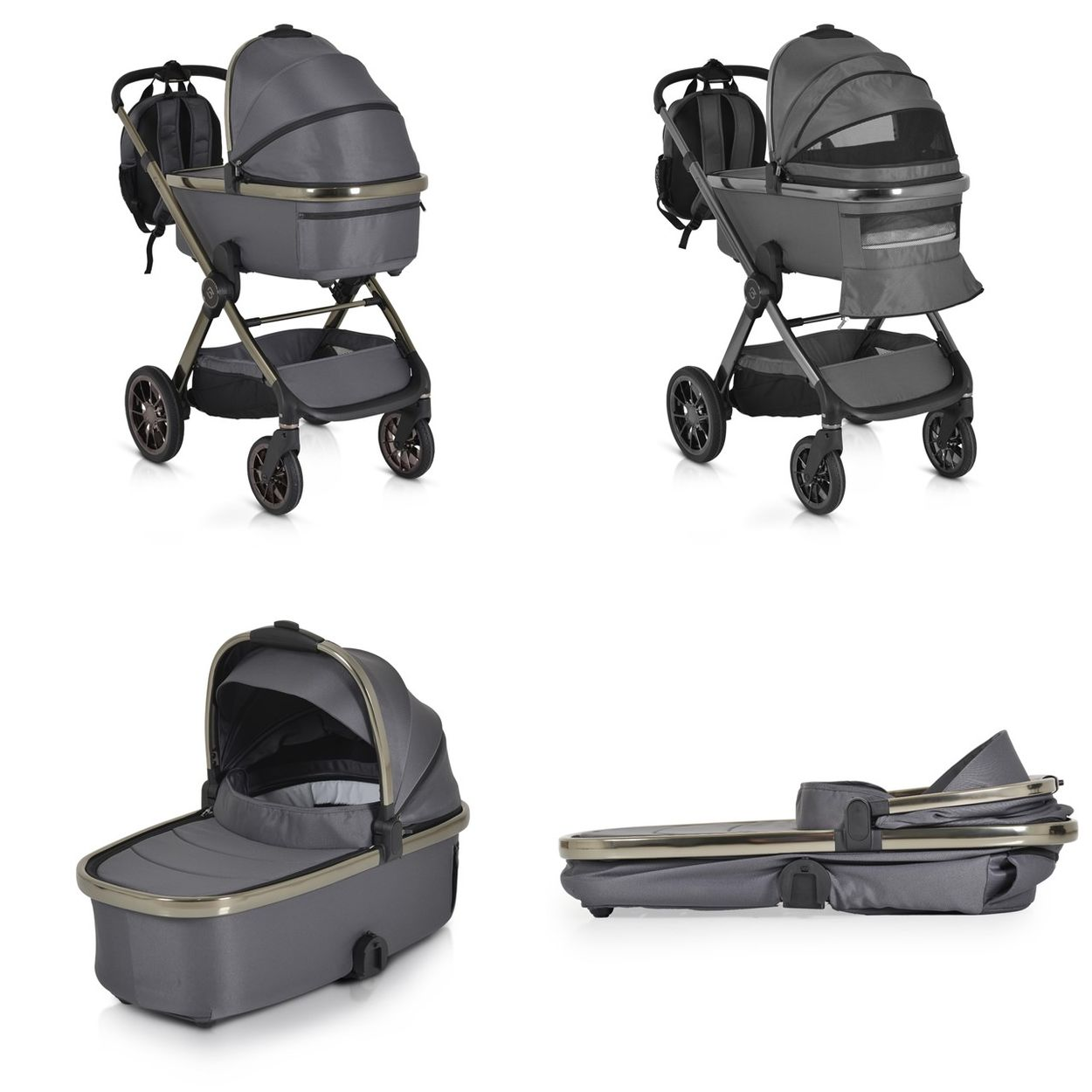 Ein grauer Kinderwagen mit Tragetasche und Zubehör, aus verschiedenen Blickwinkeln.
