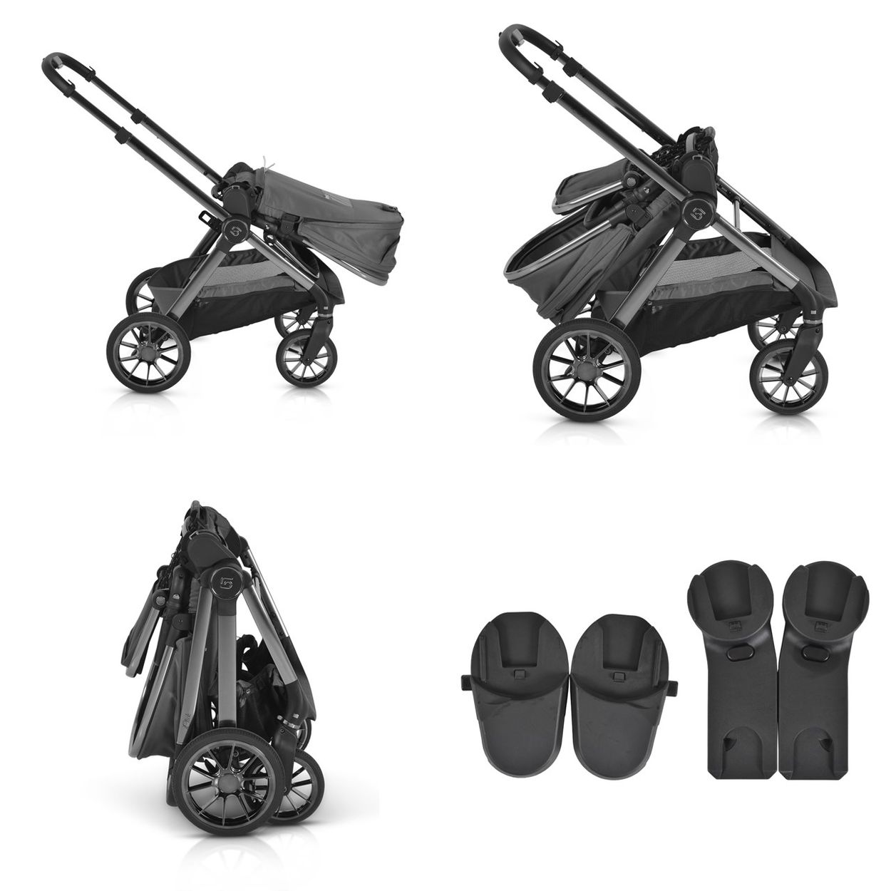 Ein Kinderwagen in Grau und Schwarz, aufgestellt und zusammengeklappt, mit Adaptern.