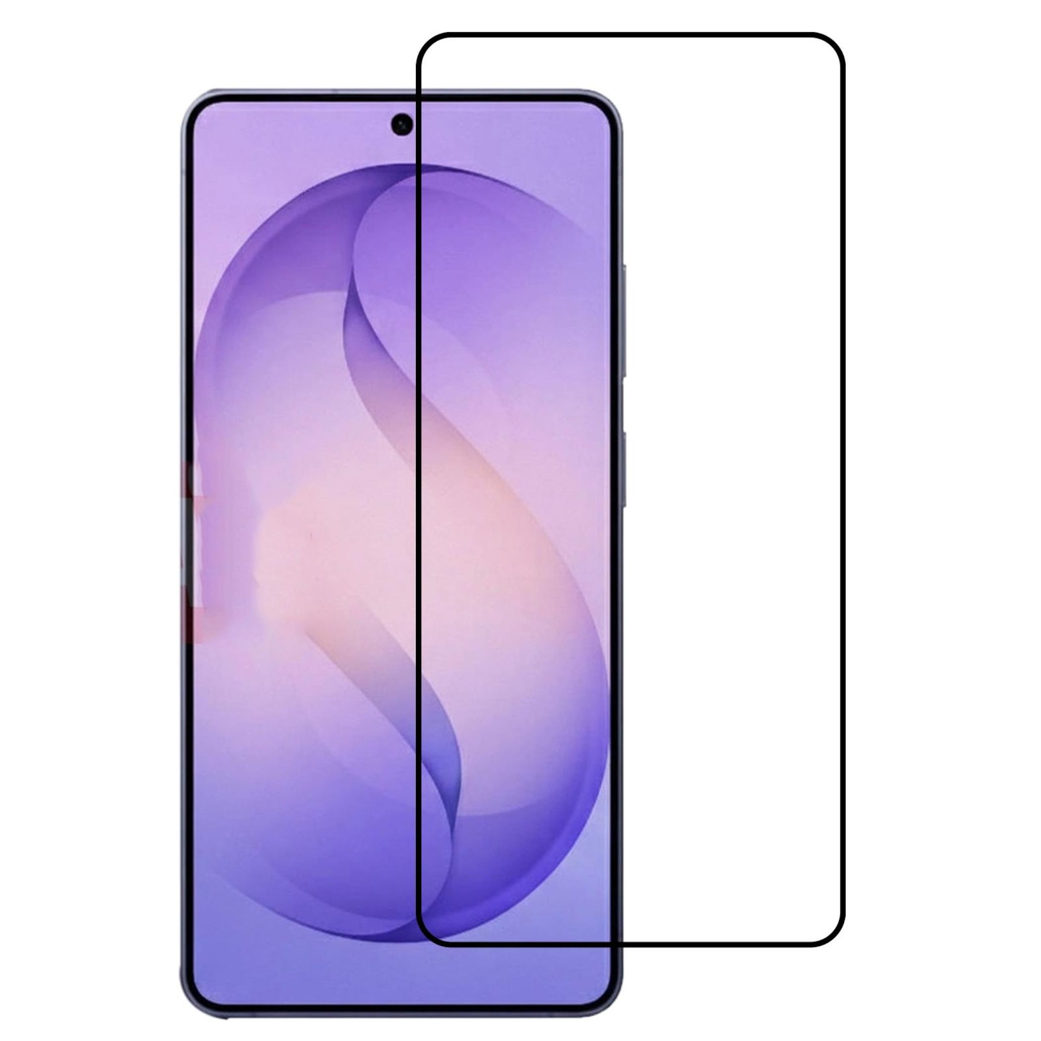 Una protezione per schermo di smartphone con bordo nero, posta su un telefono con sfondo viola.