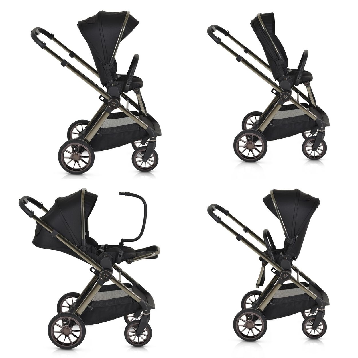 Ein schwarzer Kinderwagen mit Metallrahmen und vier Rädern.