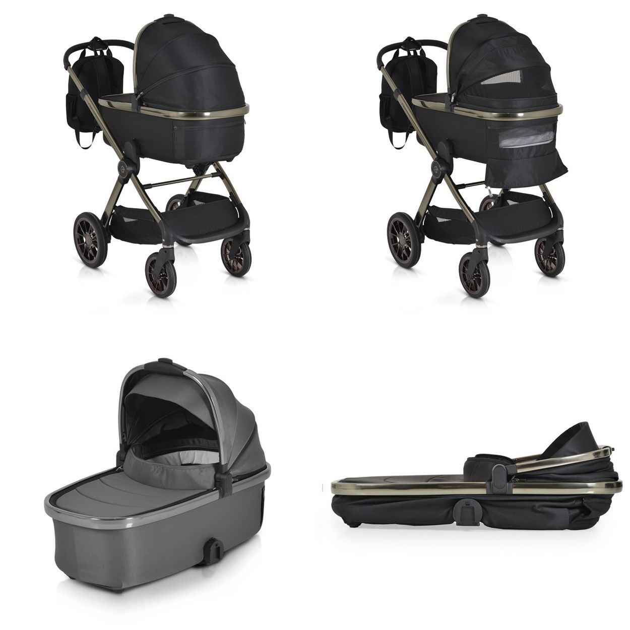 Schwarzer Kinderwagen mit Kapuze und Zubehör, Babywanne und zusammengeklappter Ansicht.