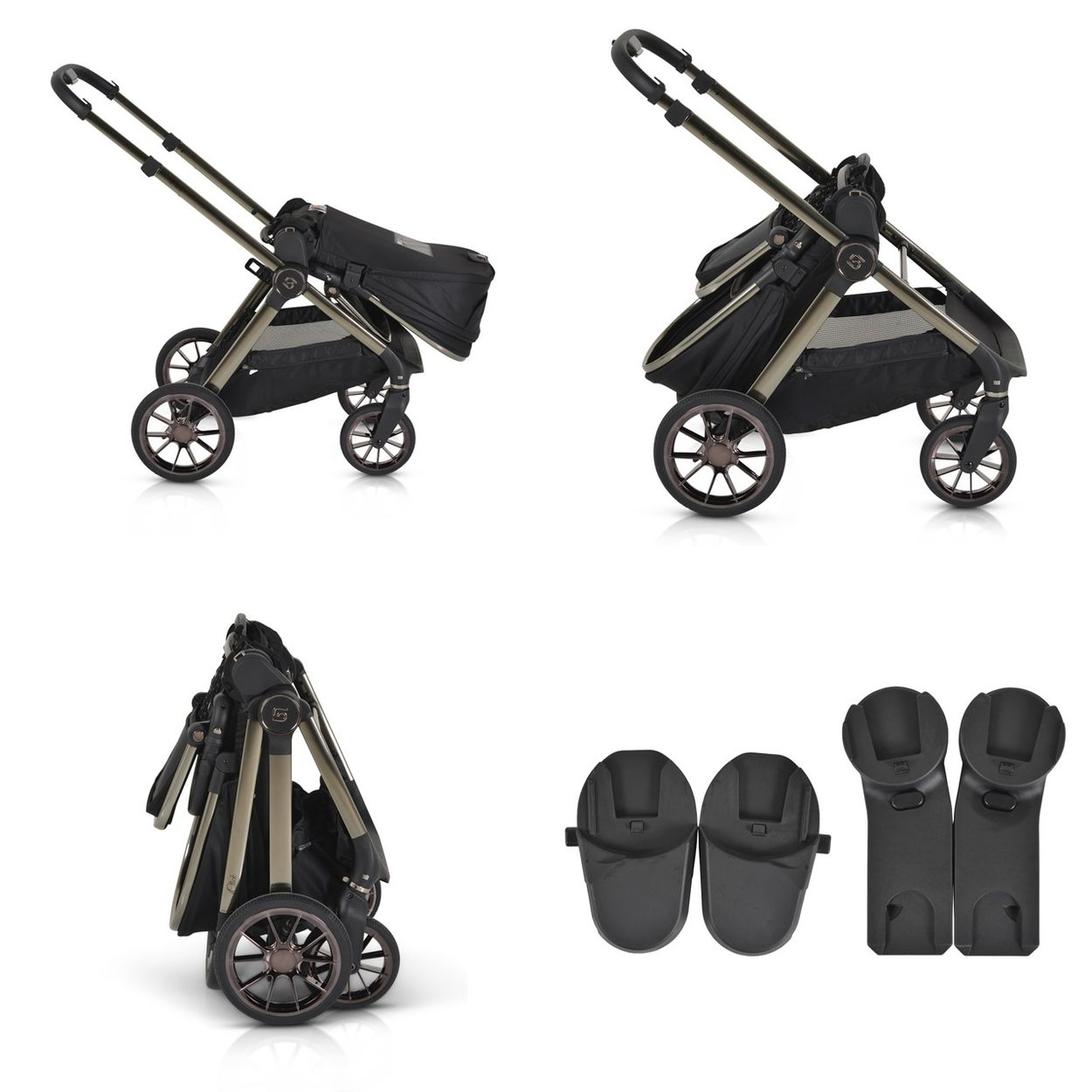 Ein schwarzer Kinderwagen in verschiedenen Ansichten und Adapterteile.
