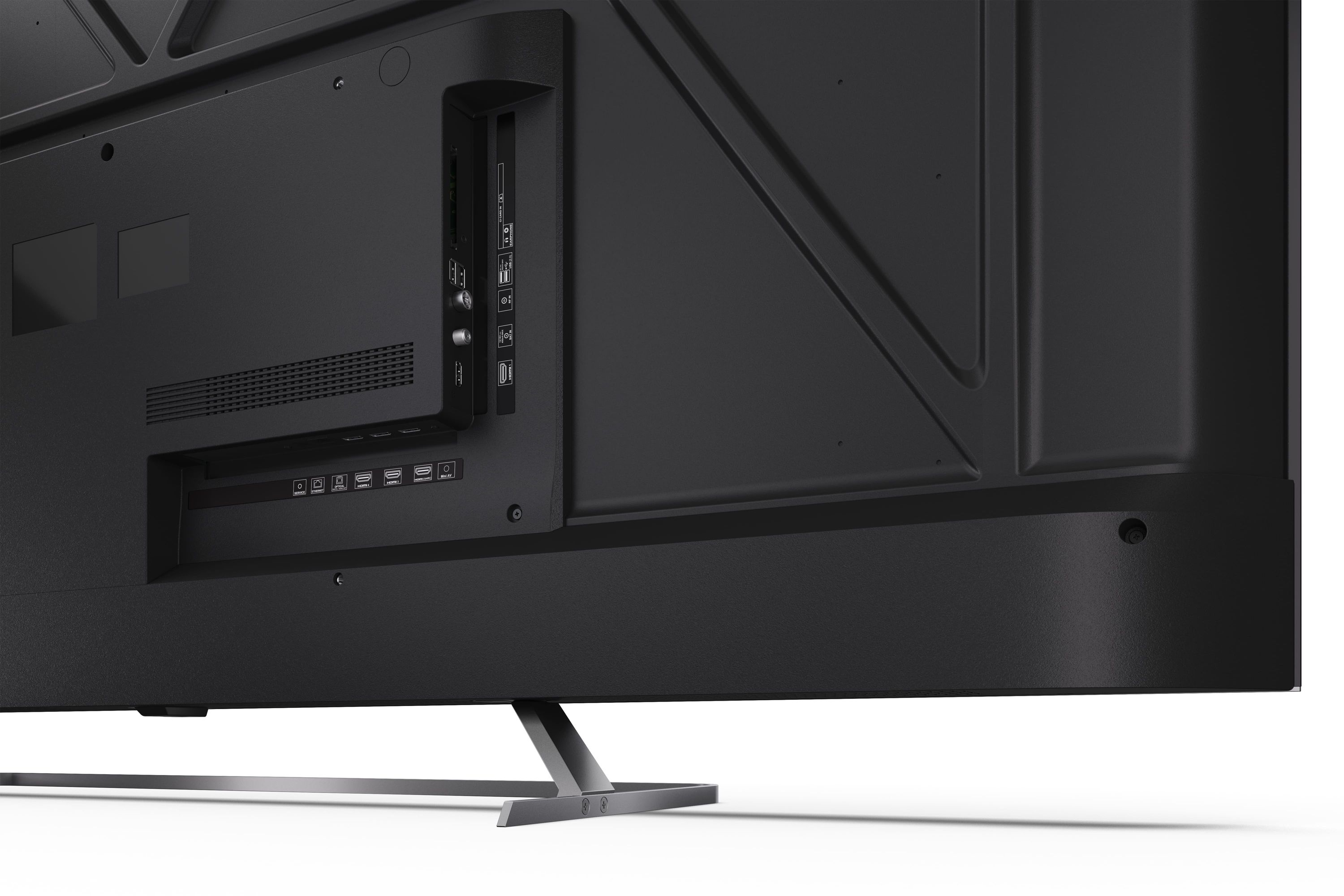 Retro di una TV nera con porte e supporto argentato. Design minimalista.