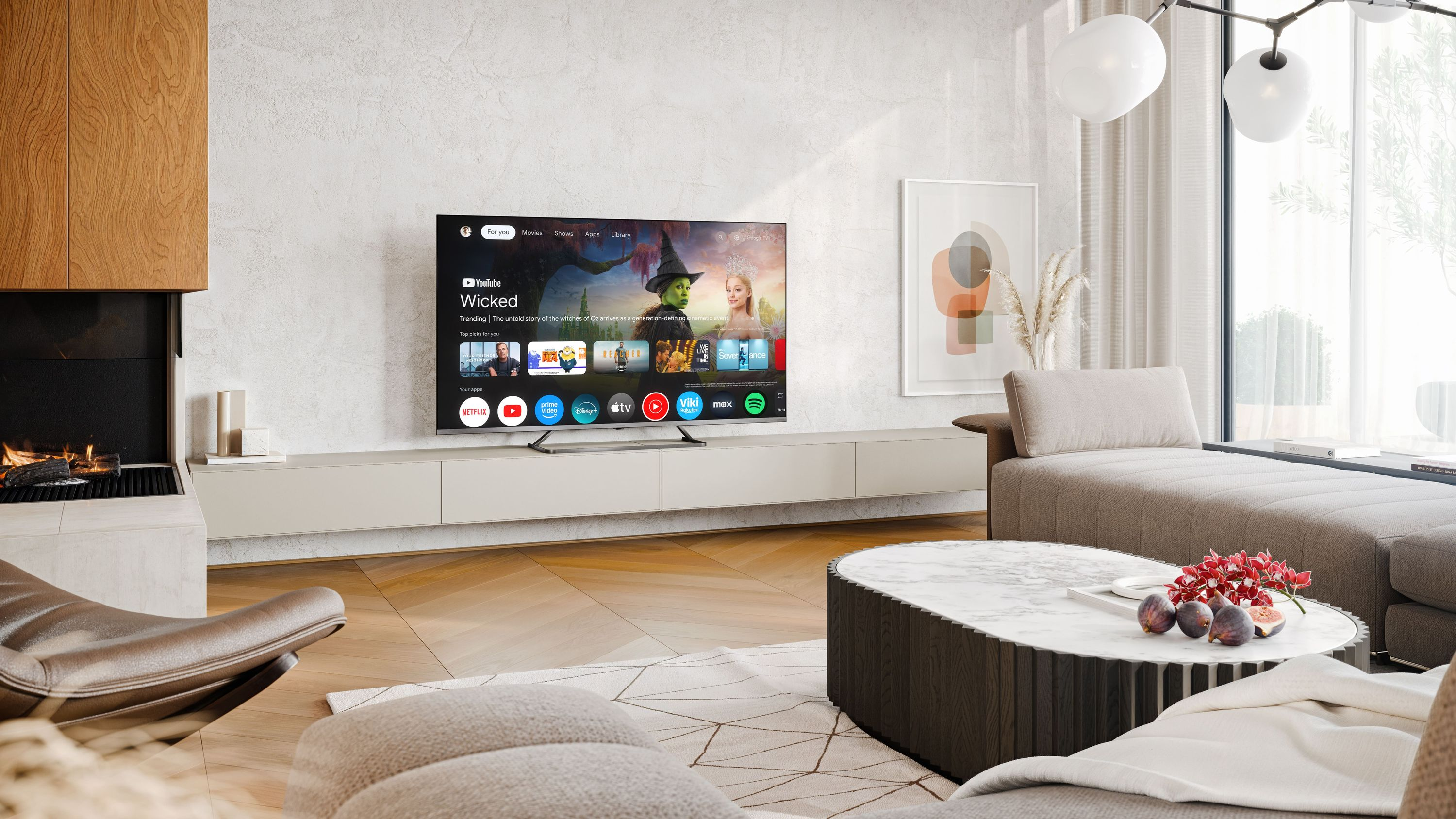 Modernes Wohnzimmer mit Kamin, Sofa und Fernseher, der 