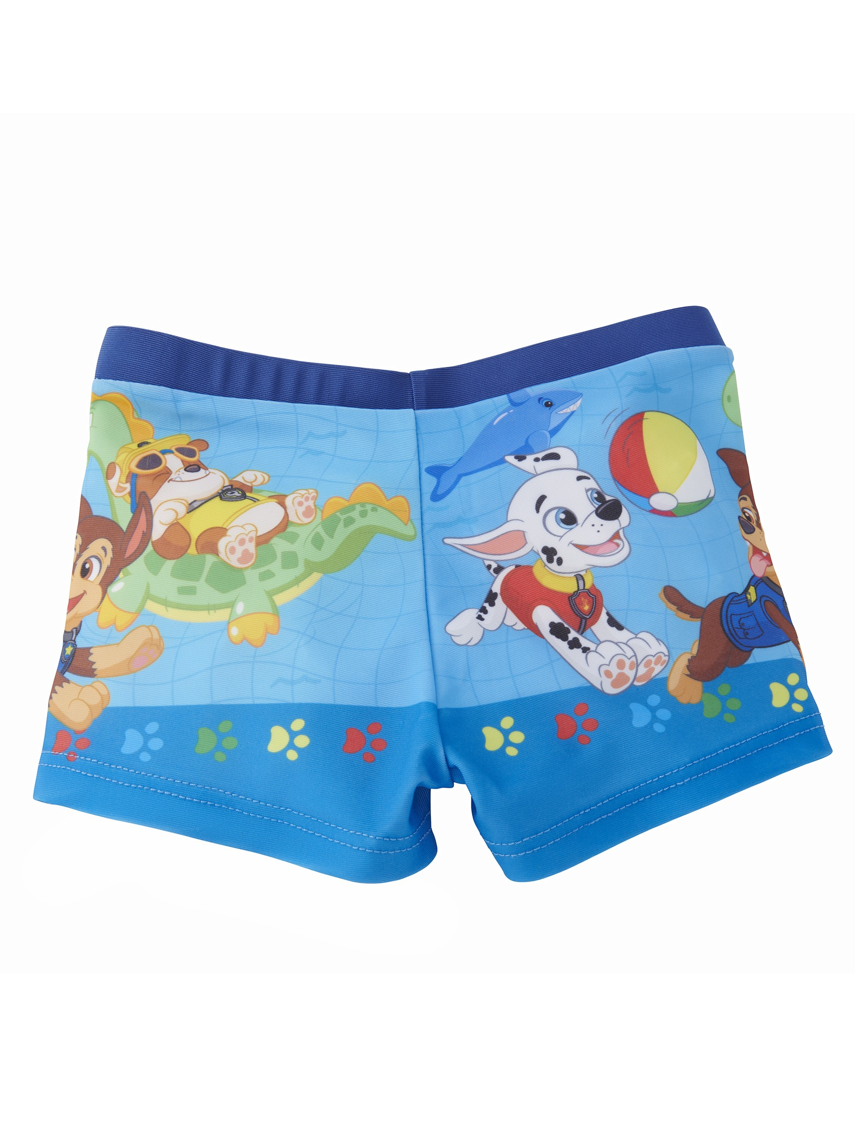 Blaue Badehose mit Paw Patrol-Motiv: Hunde, Delfin, Ball, auf Dino.