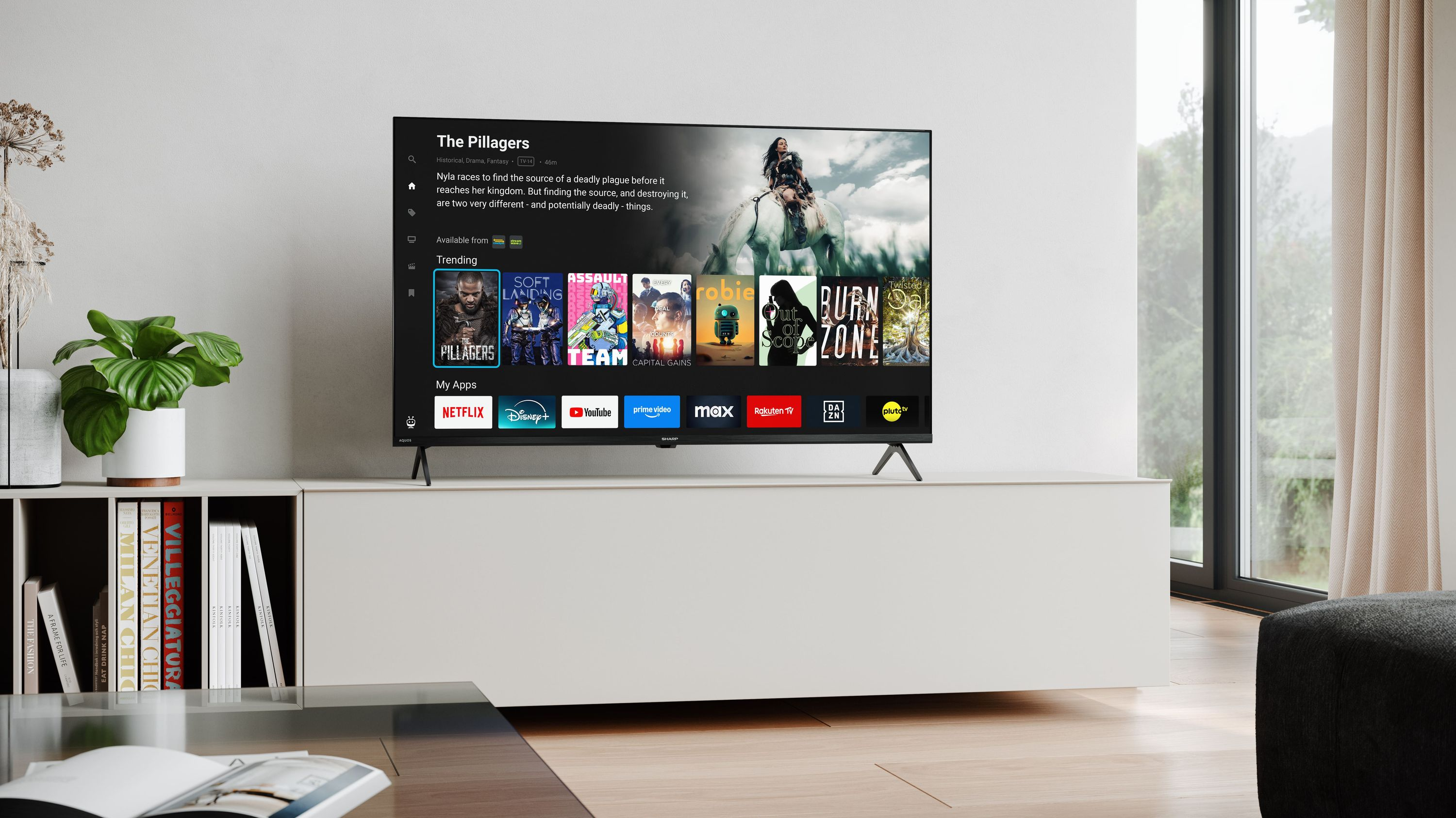 Un soggiorno moderno con una TV che mostra un'interfaccia di app di streaming.
