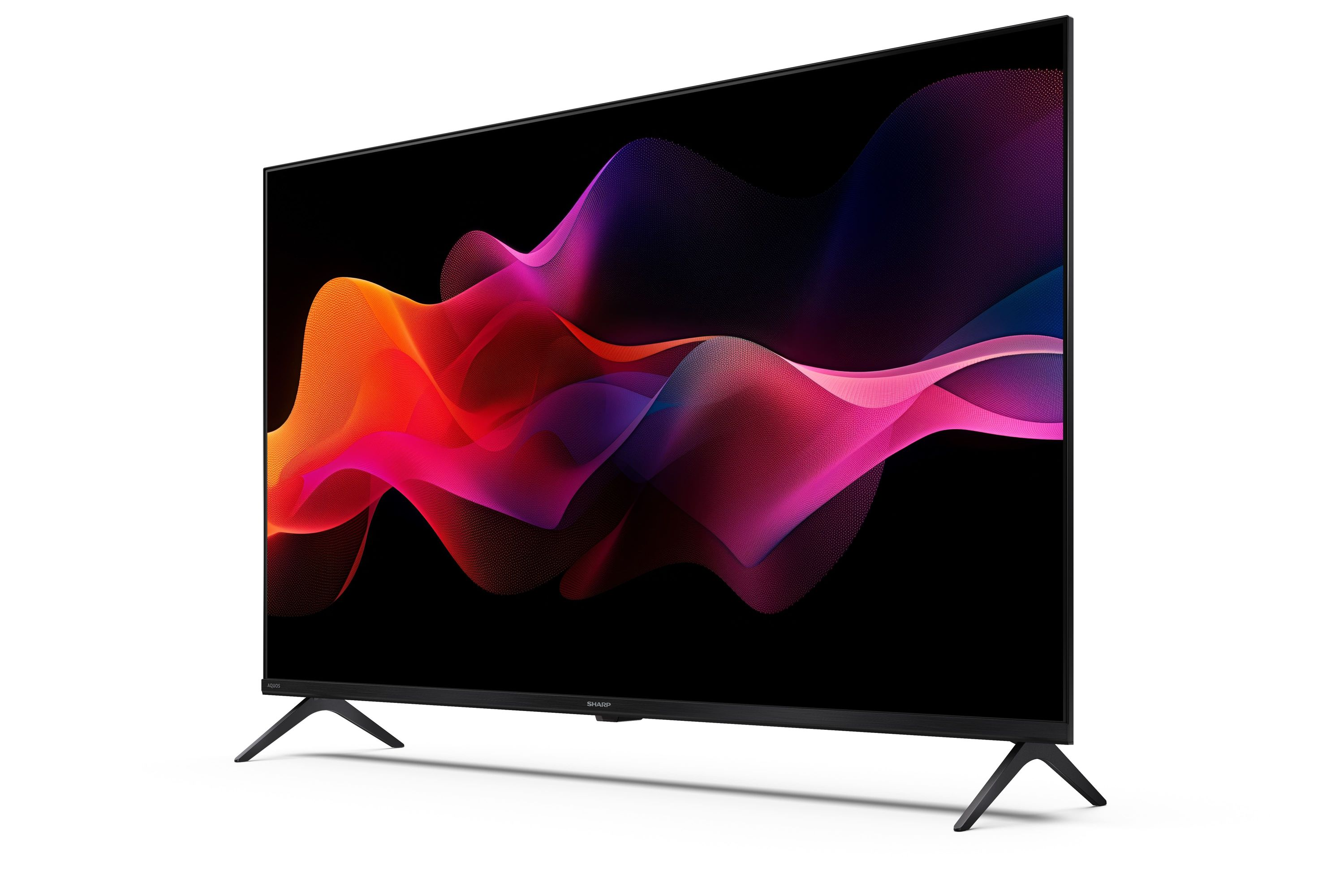 Un televisore moderno con un motivo astratto e colorato a onde sullo schermo.