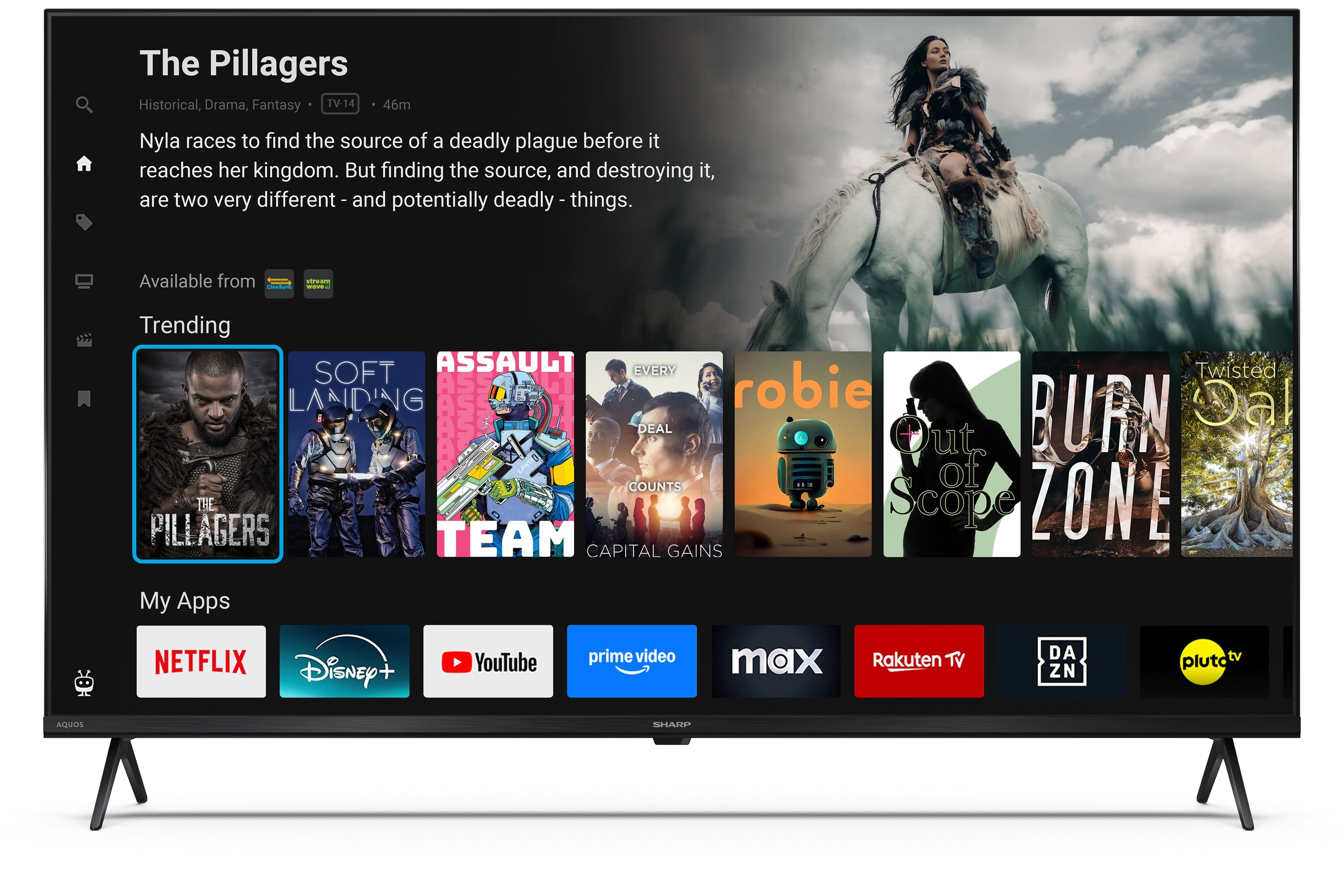 Schermo TV che mostra un'app di streaming di film con titoli come "The Pillagers".