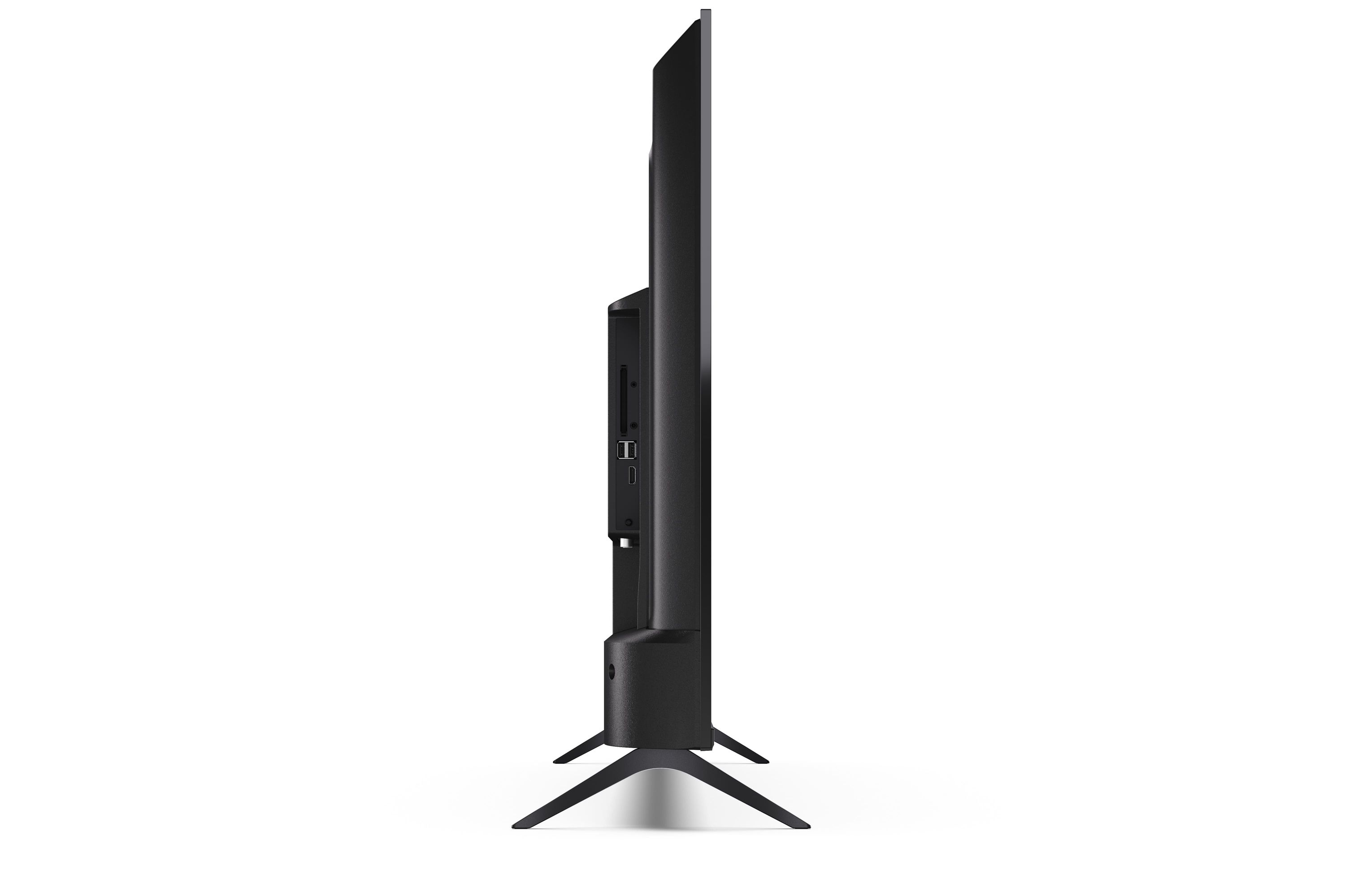 Televisore nero di profilo, con porte HDMI e un supporto.