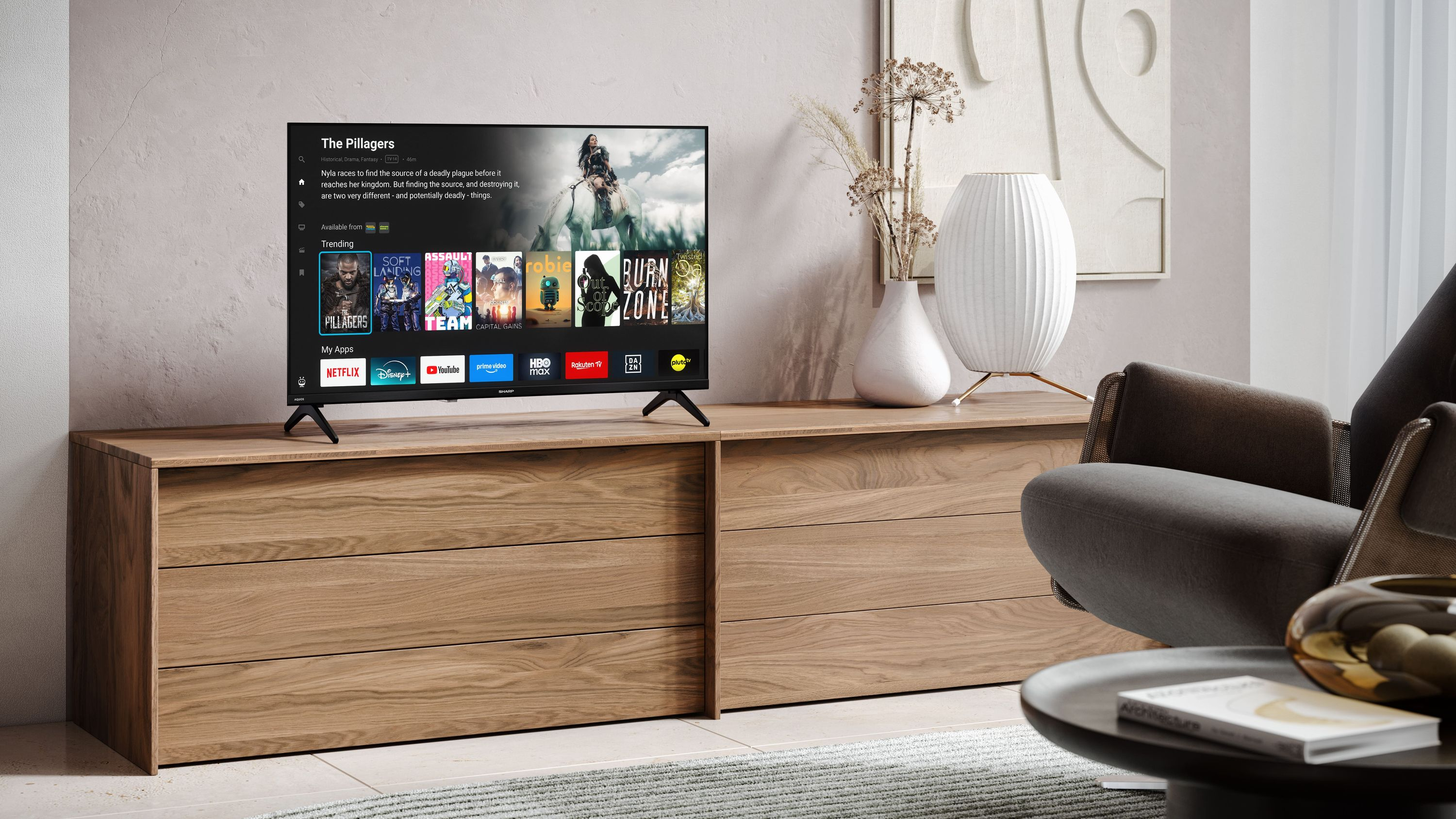 Ein Fernseher zeigt eine Streaming-App mit Filmen und Serien.