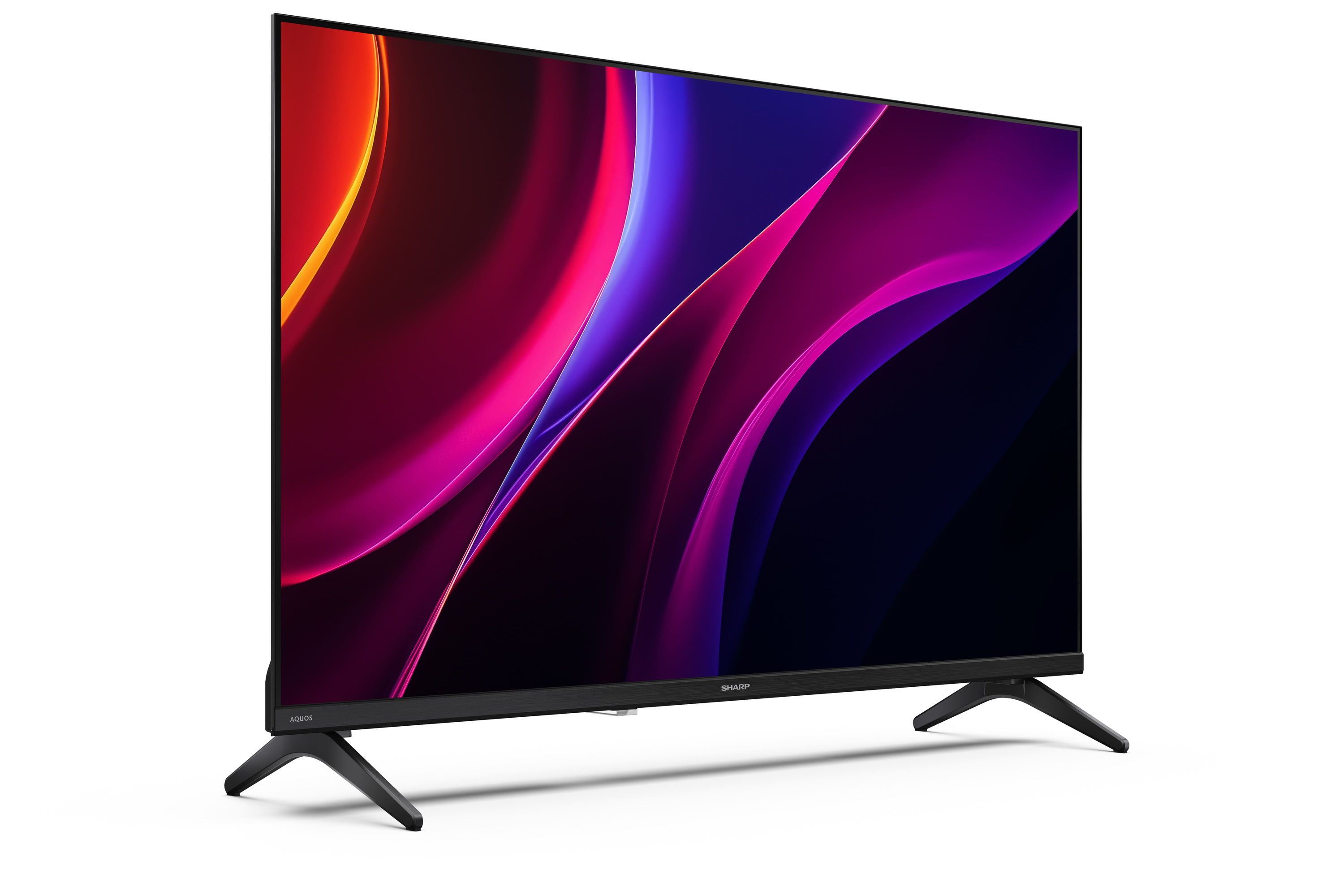 Ein moderner Fernseher mit dynamischem, farbenfrohem Hintergrund auf dem Bildschirm und schwarzen Standfüßen.