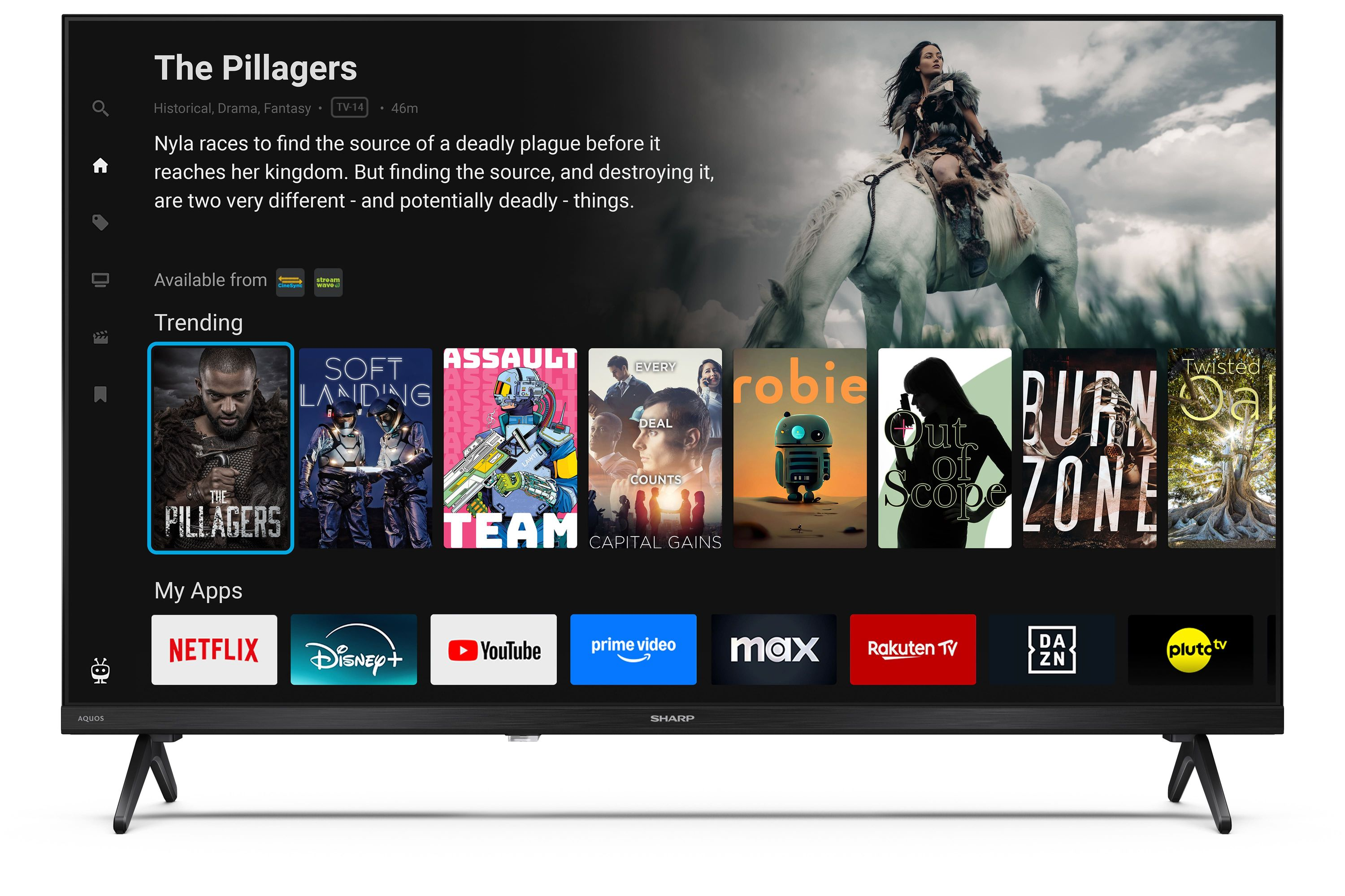 Ein Fernsehbildschirm zeigt eine Streaming-App mit Filmtrailern und App-Symbolen.