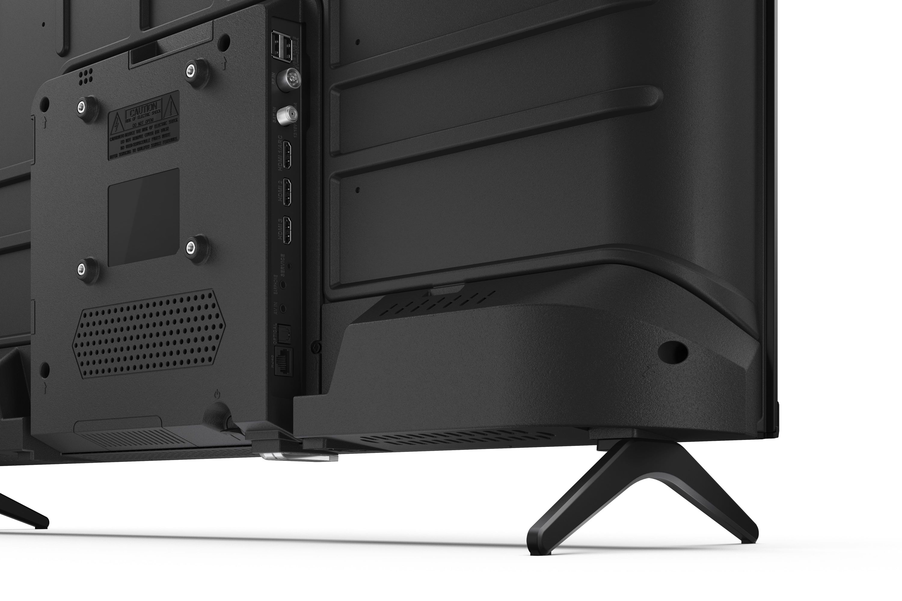 Die Rückseite eines schwarzen Fernsehers mit Anschlüssen wie HDMI, USB und Antenne.