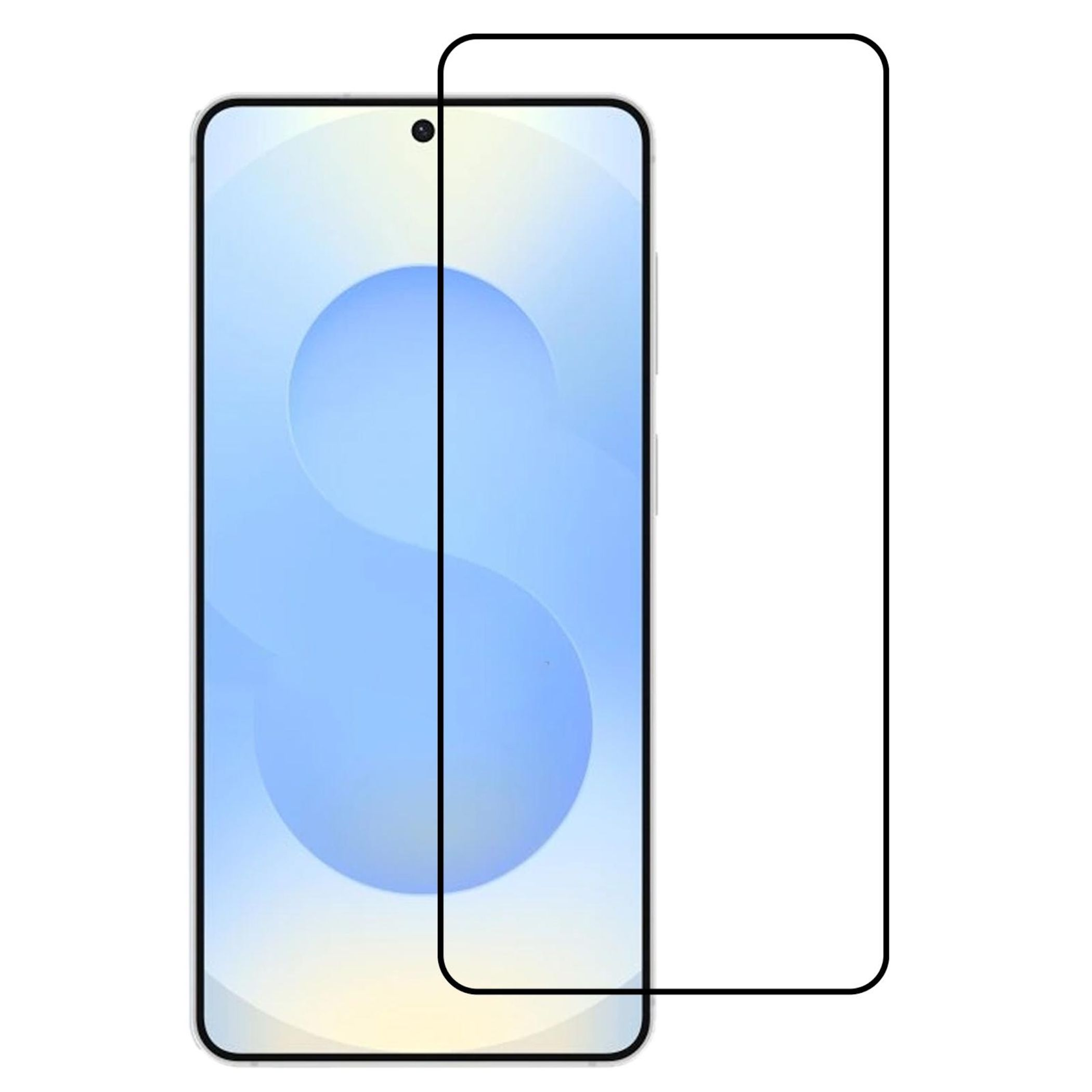 Protezione schermo per smartphone con bordo nero e grafica di sfondo blu.