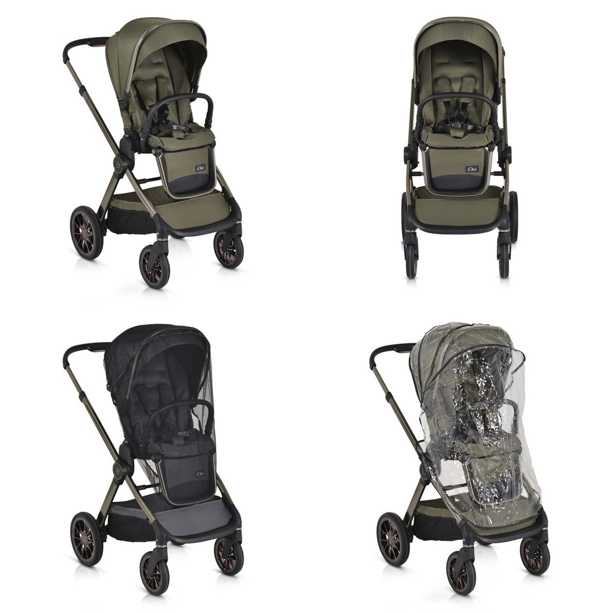 Vier Ansichten eines Kinderwagens in Khaki: vorne, seitlich, mit Moskitonetz und mit Regenhaube.