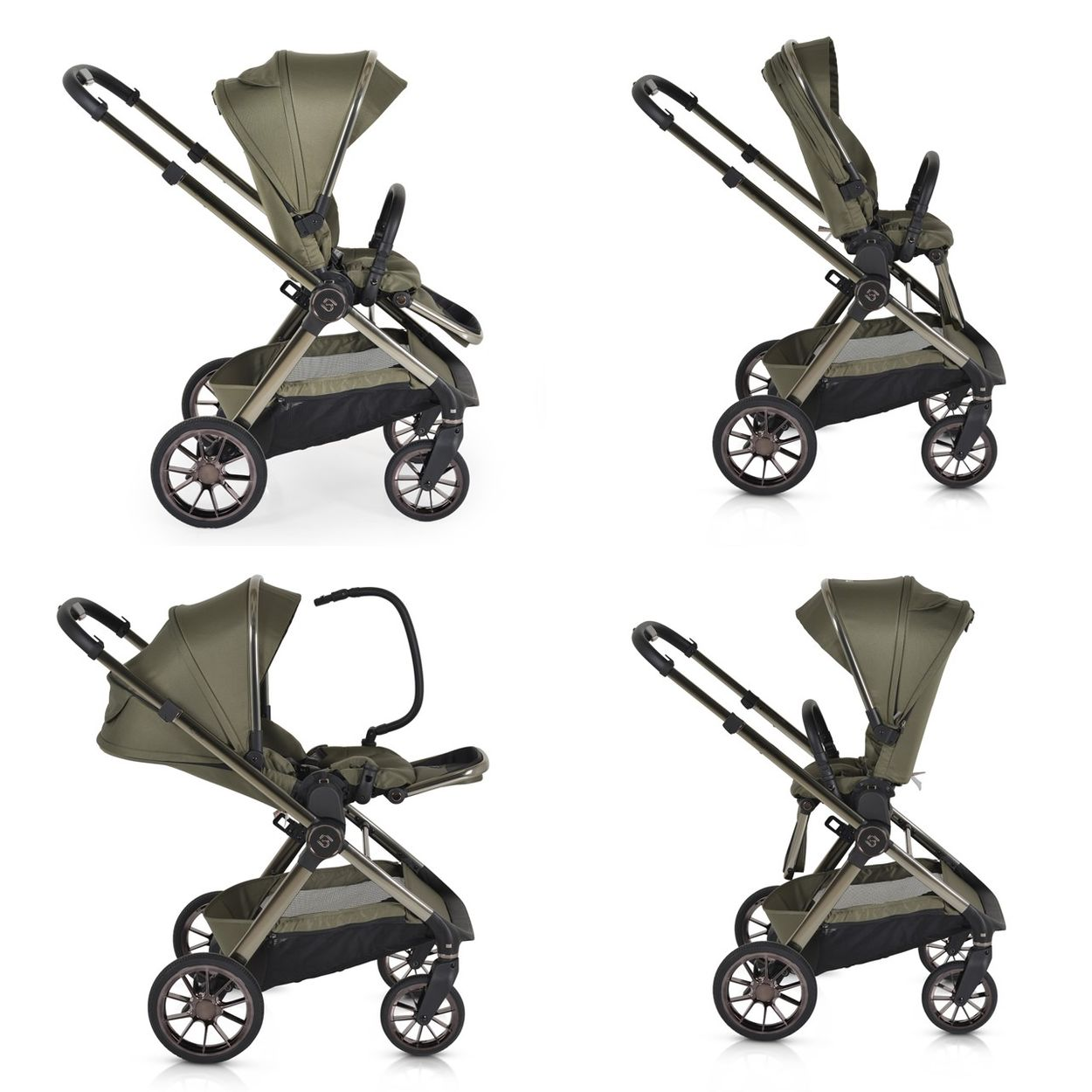 Ein grüner Kinderwagen mit vier Rädern, silbernem Rahmen und schwarzem Griff.