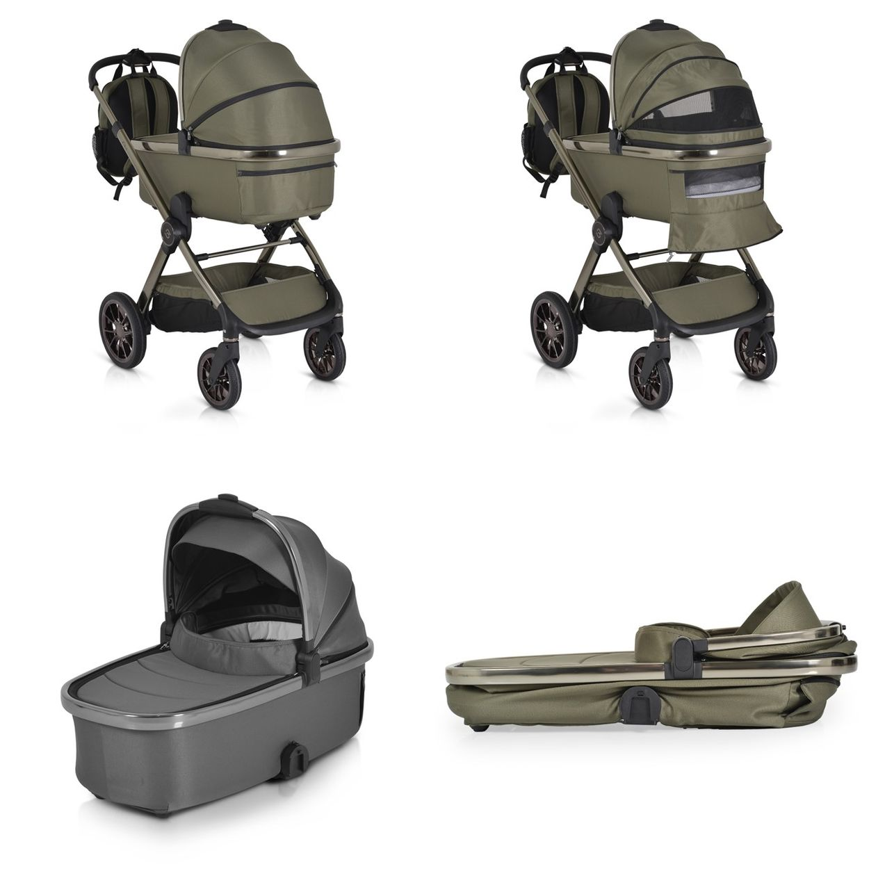 Ein Kinderwagen in Khaki, einmal mit und einmal ohne Netzfenster. Liegewanne und zusammengeklappt.
