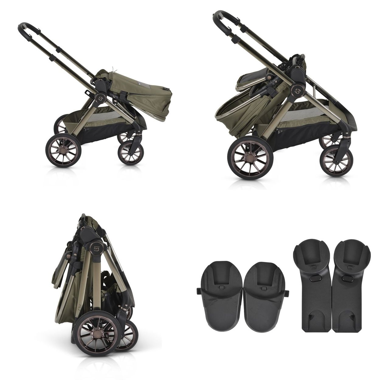 Ein grüner Kinderwagen, offen, zusammengeklappt und mit Adaptern auf weißem Hintergrund.