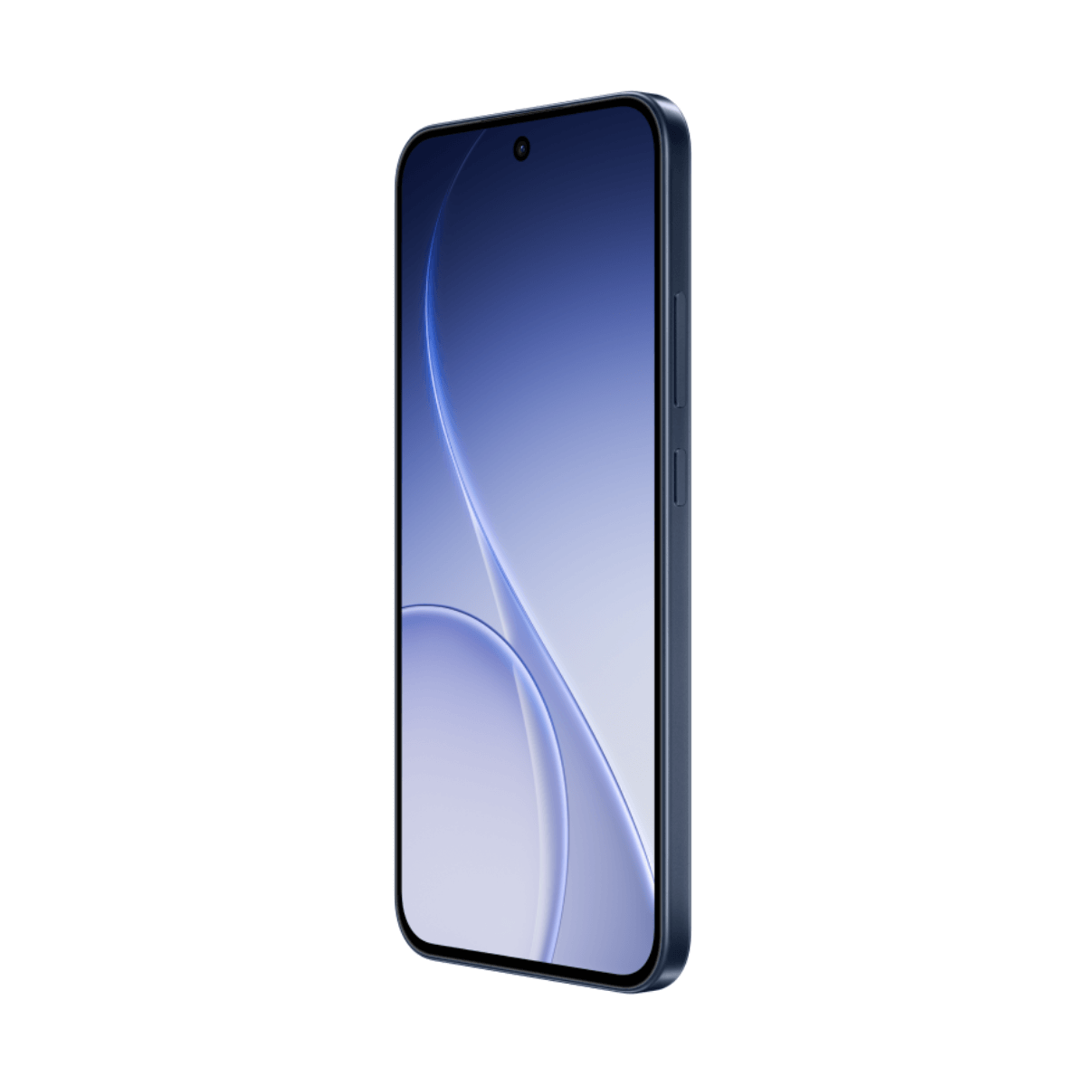 Uno smartphone blu scuro ed elegante con uno sfondo minimalista.