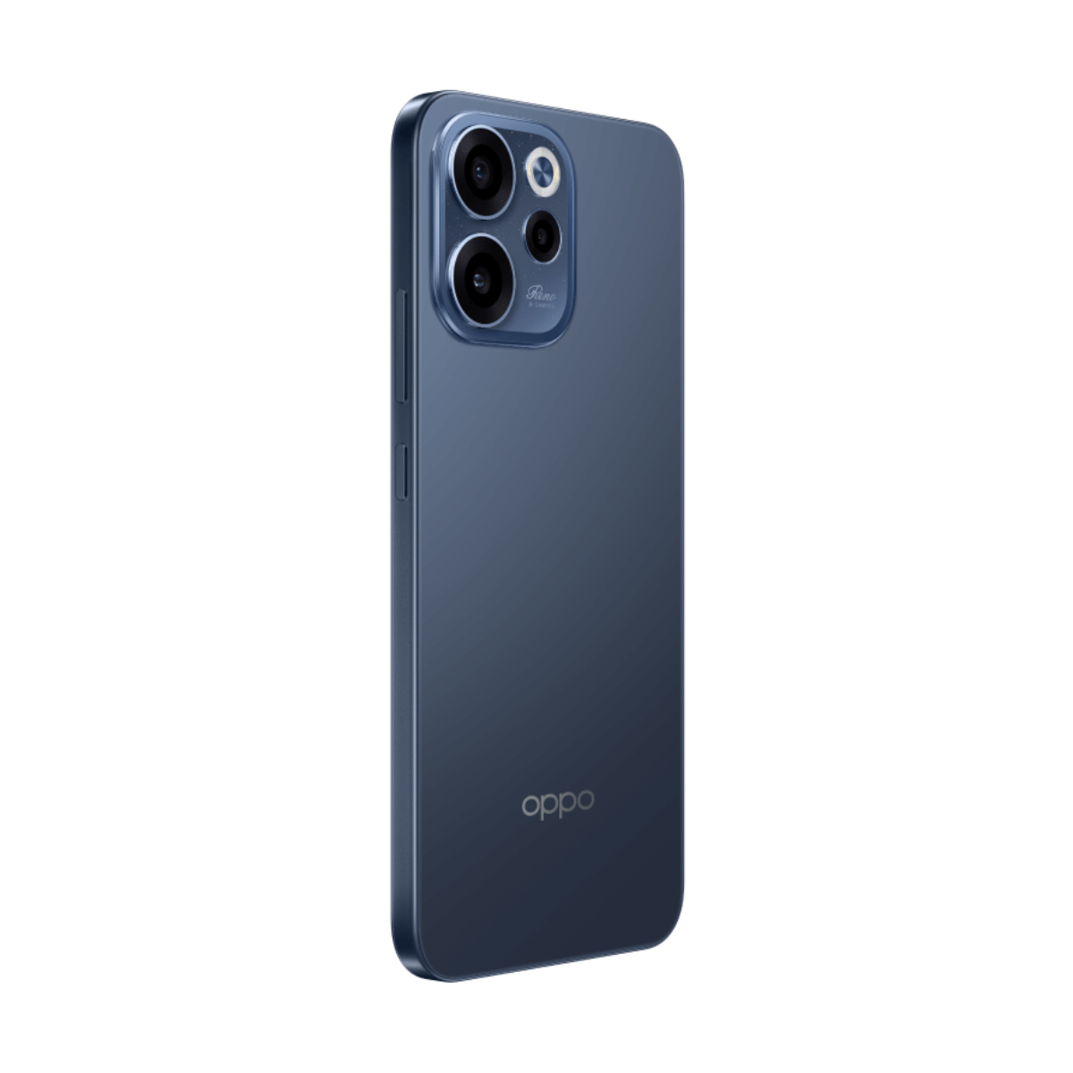 Smartphone blu scuro con tripla fotocamera posteriore e logo Oppo.