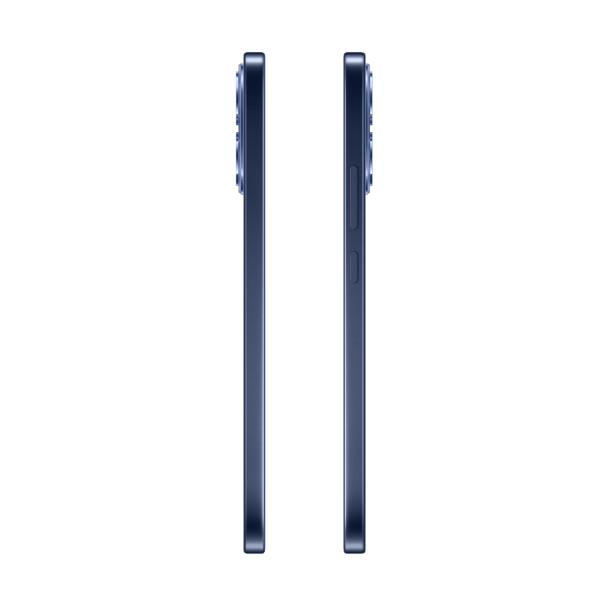 Due smartphone blu uno accanto all'altro, visti di lato con fotocamere.