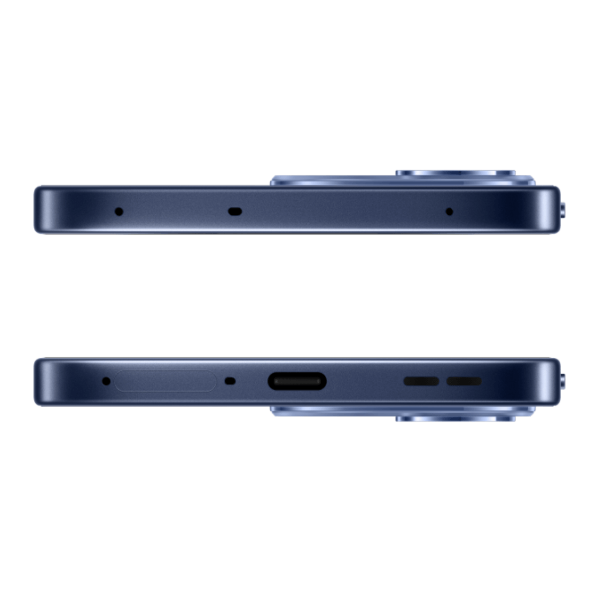 Sopra: Smartphone blu scuro, lato sinistro con foro microfono. Sotto: Porta USB-C.
