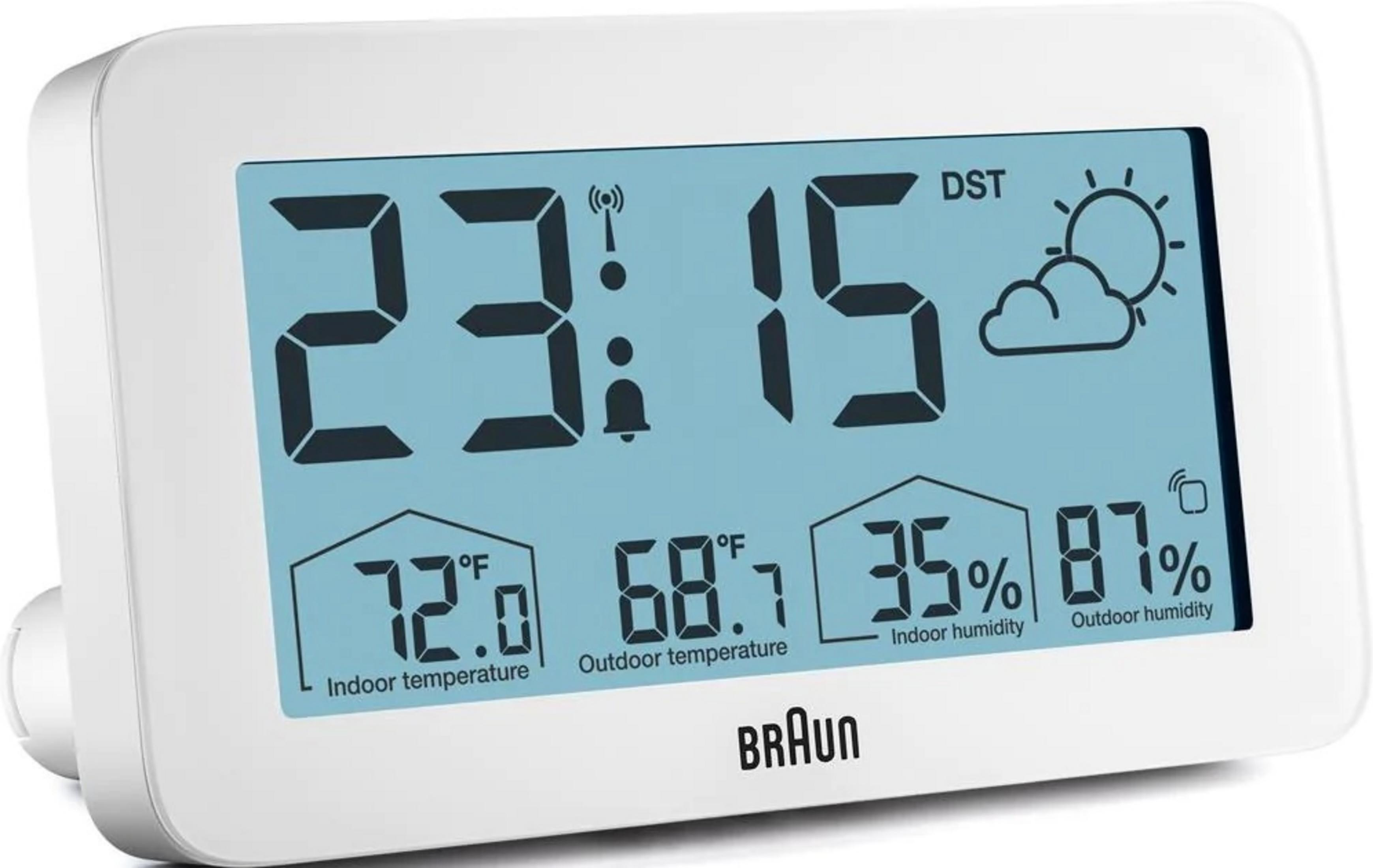 Digitaluhr mit Zeit, Temperatur, Luftfeuchtigkeit und Wetteranzeige.