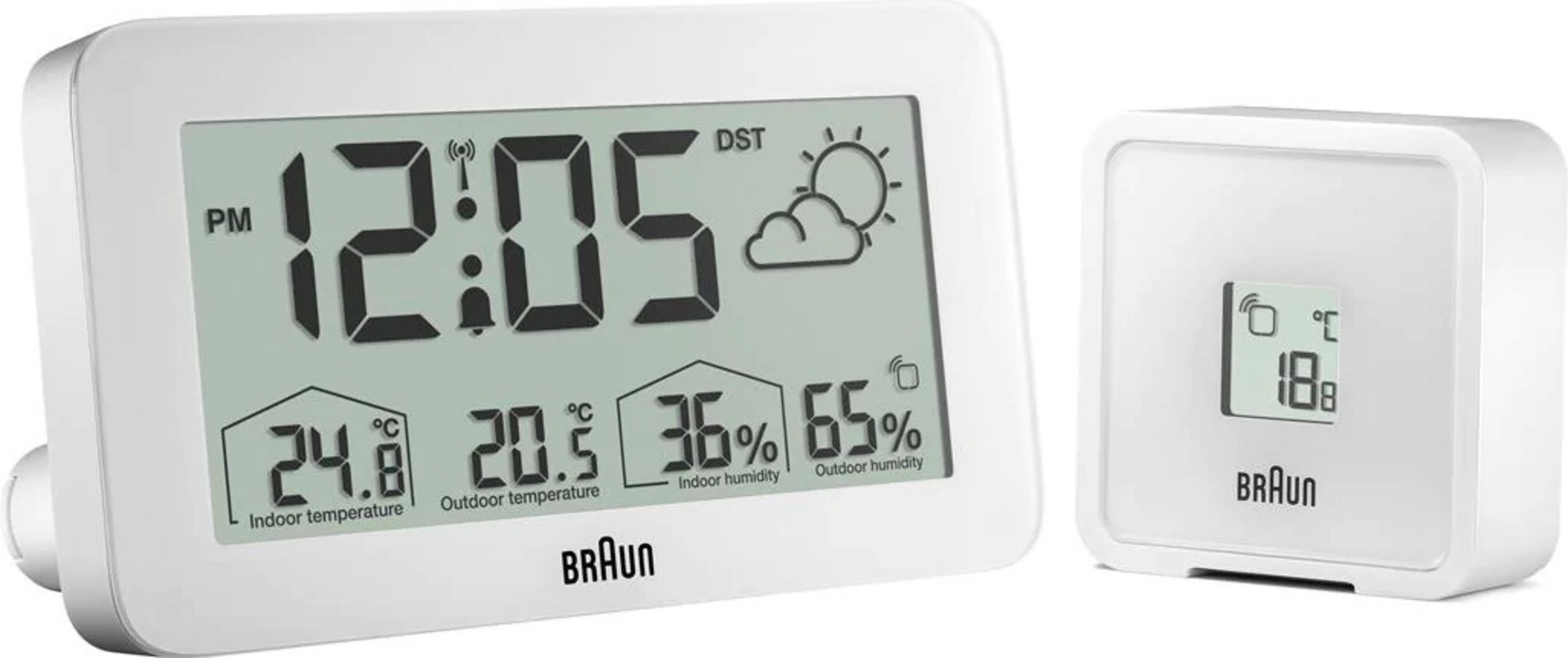 Ein weißes Braun Digitalwettergerät mit Uhrzeit, Innentemperatur, Außentemperatur, Luftfeuchtigkeit.
