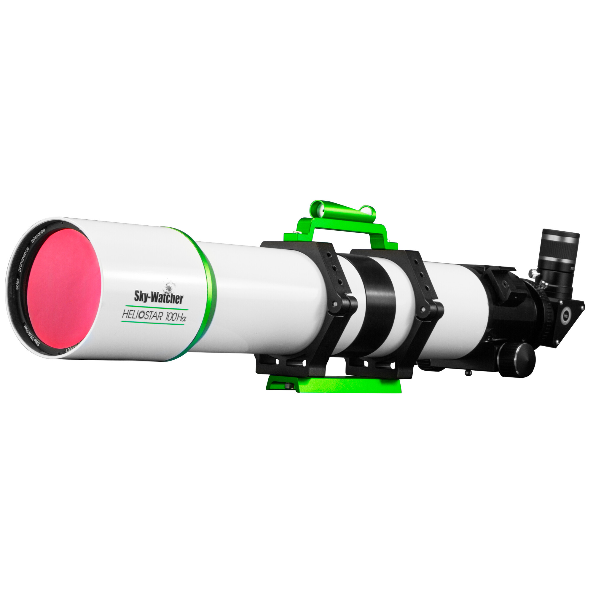Weißes Sky-Watcher-Teleskop mit grüner Halterung und rotem Objektivfilter.