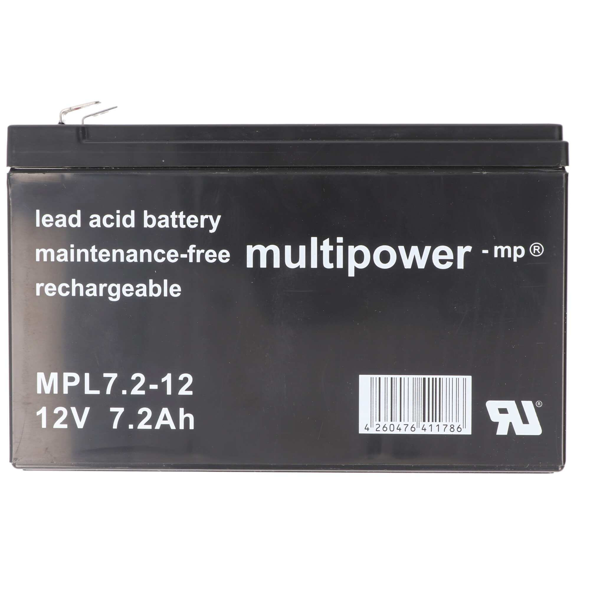 Schwarze Blei-Säure-Batterie, 12V 7.2Ah, Marke Multipower.