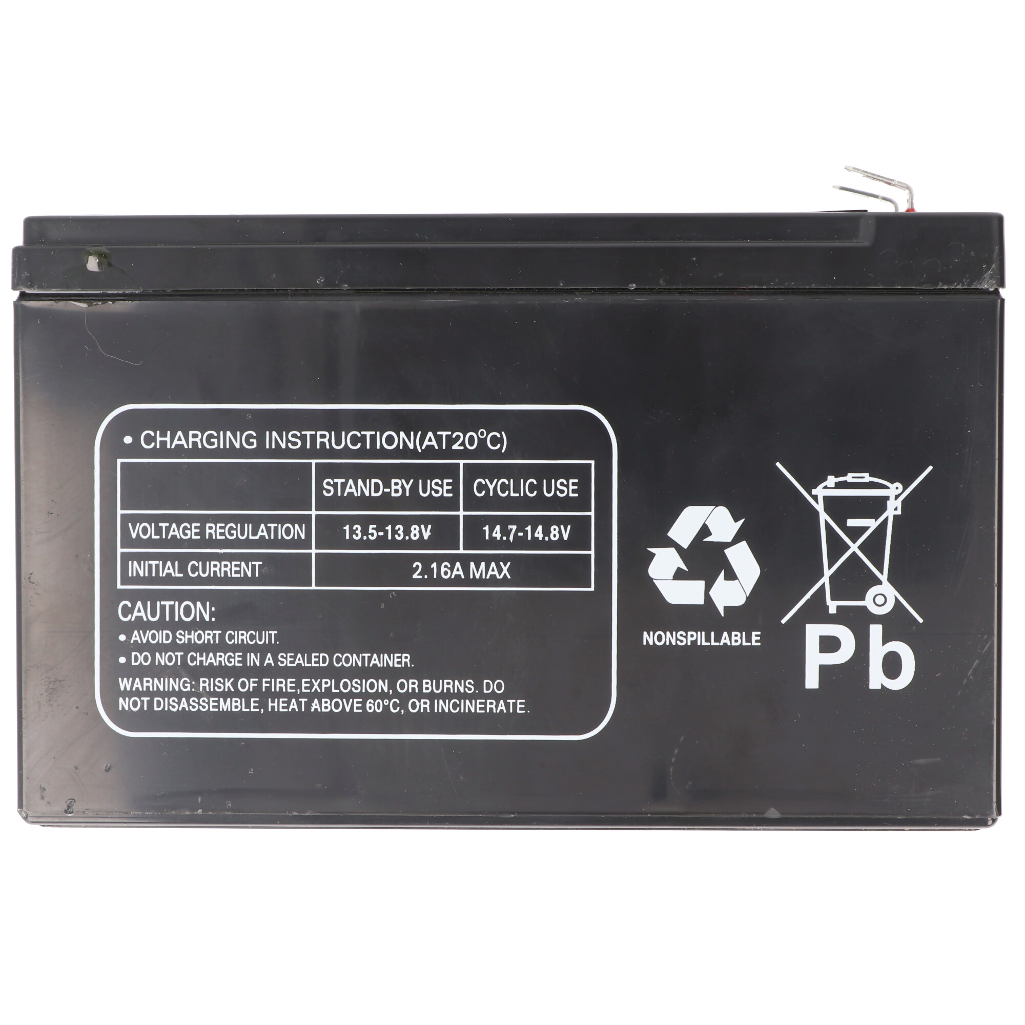 Schwarze Batterie mit Ladehinweisen, Warnsymbolen und "Pb"-Logo.