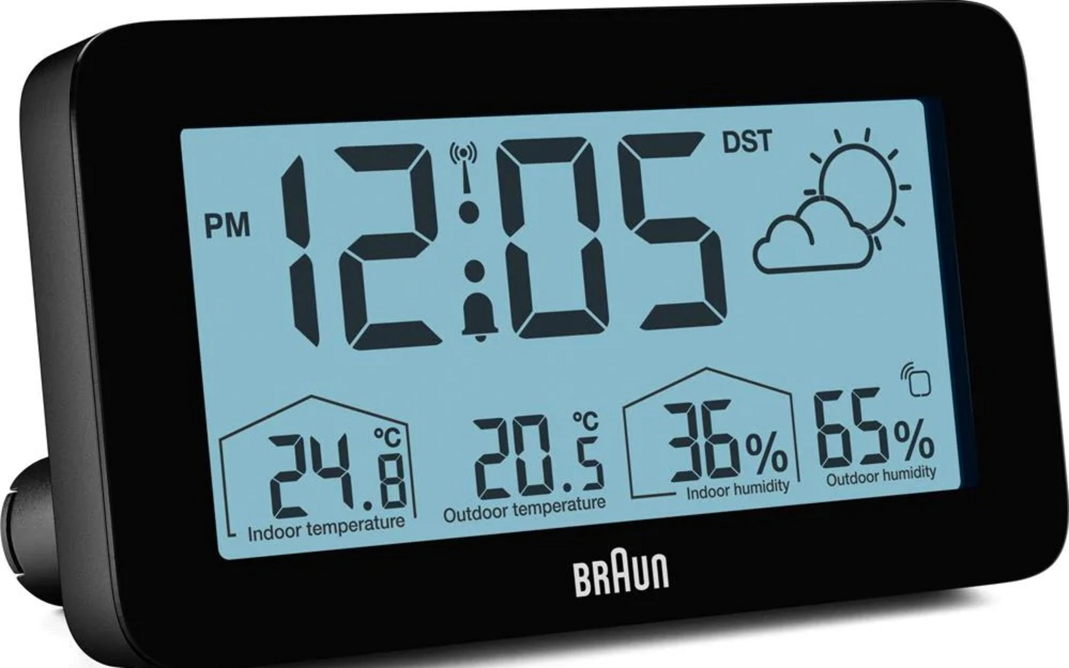 Horloge numérique affiche 12:05, temp. int. 24.8°C, temp. ext. 20.5°C, humidité 36%/65%.