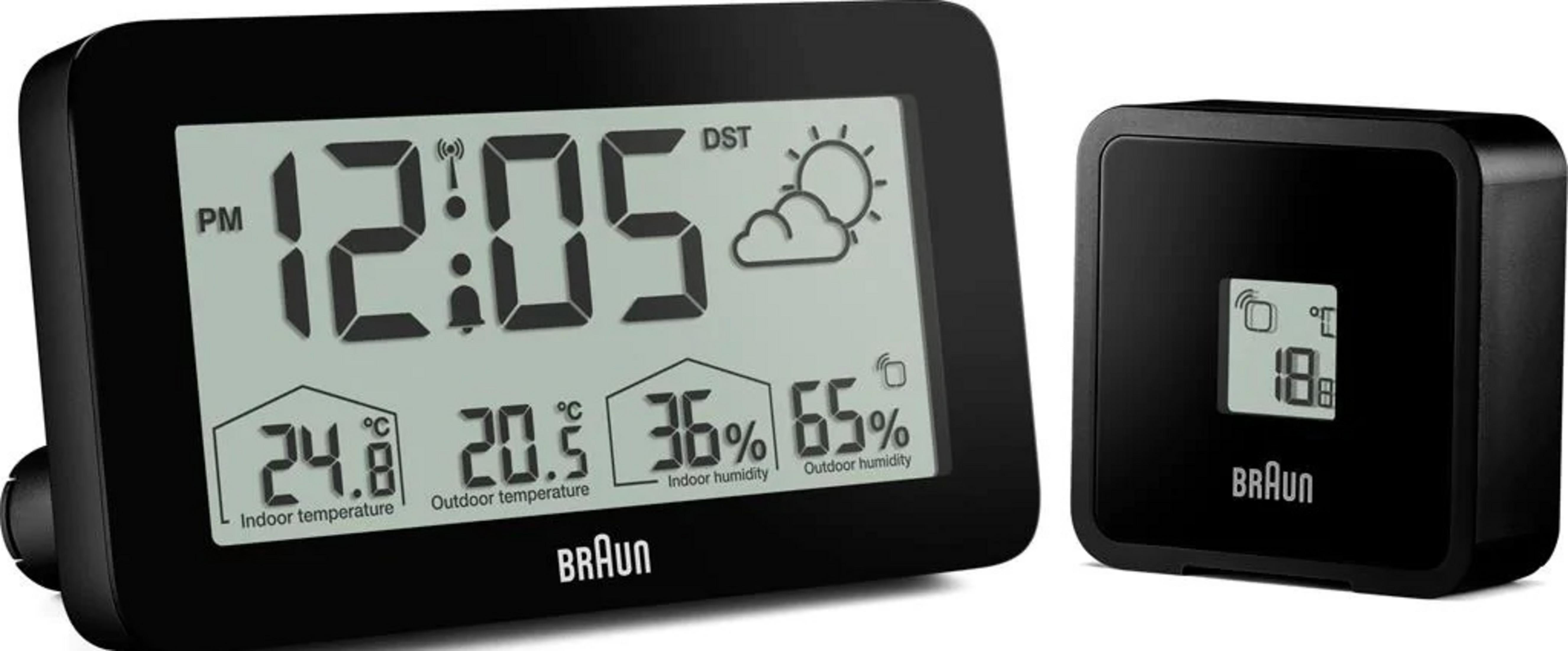 Horloge numérique avec capteur extérieur affiche l'heure, la température int/ext et l'humidité.