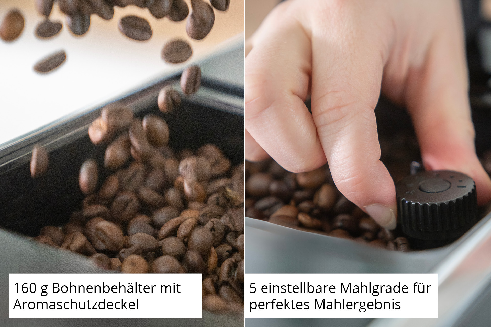 Kaffeebohnen fallen in einen Behälter, daneben wird ein Mahlgrad eingestellt.