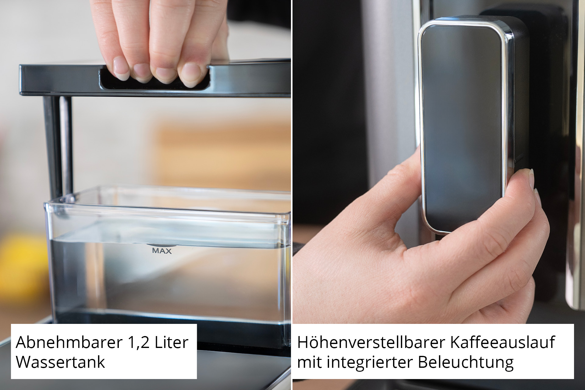 Abnehmbarer 1,2L Wassertank und höhenverstellbarer Kaffeeauslauf mit Beleuchtung.