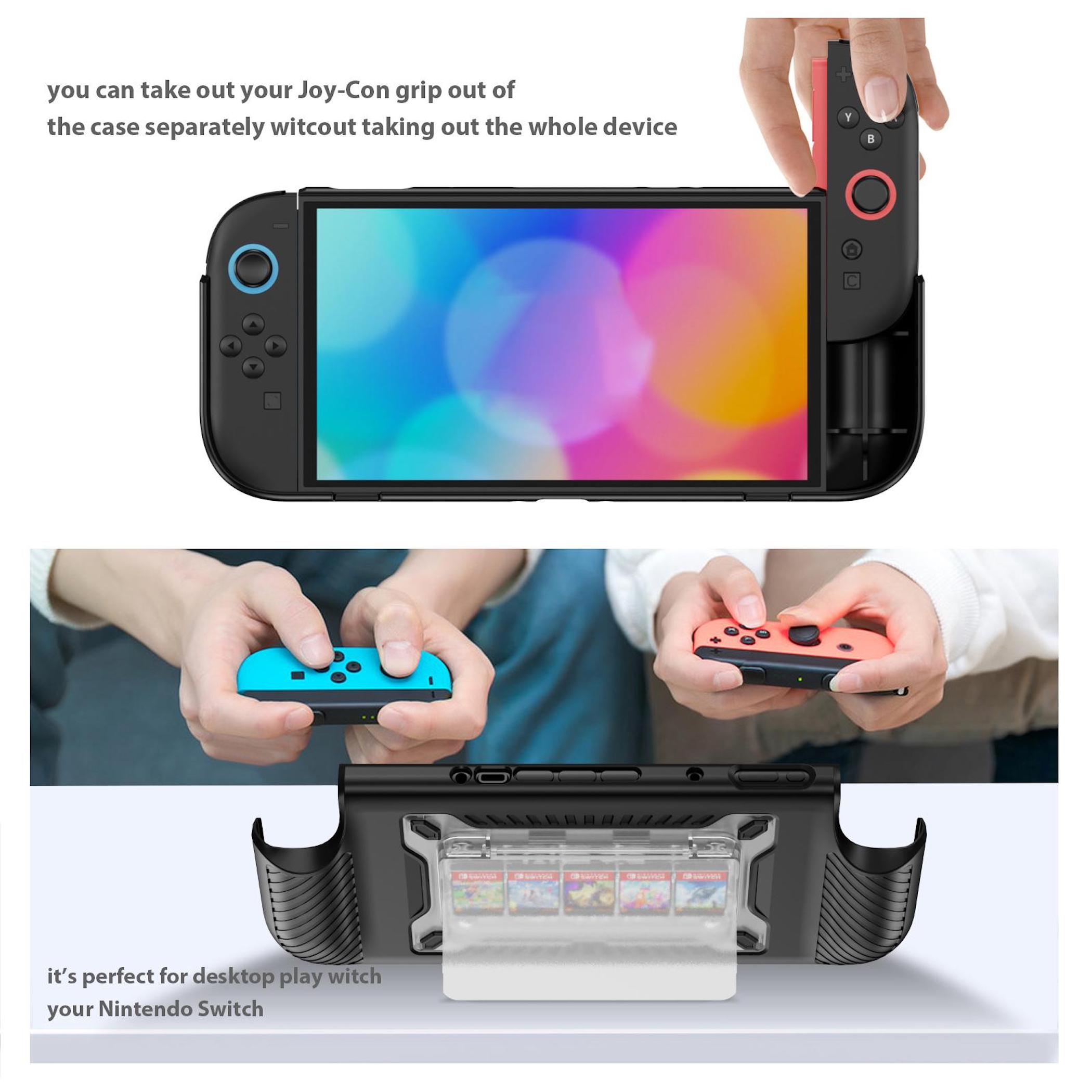 Ein Nintendo Switch mit abnehmbaren Joy-Cons und einem Spielkartenhalter.