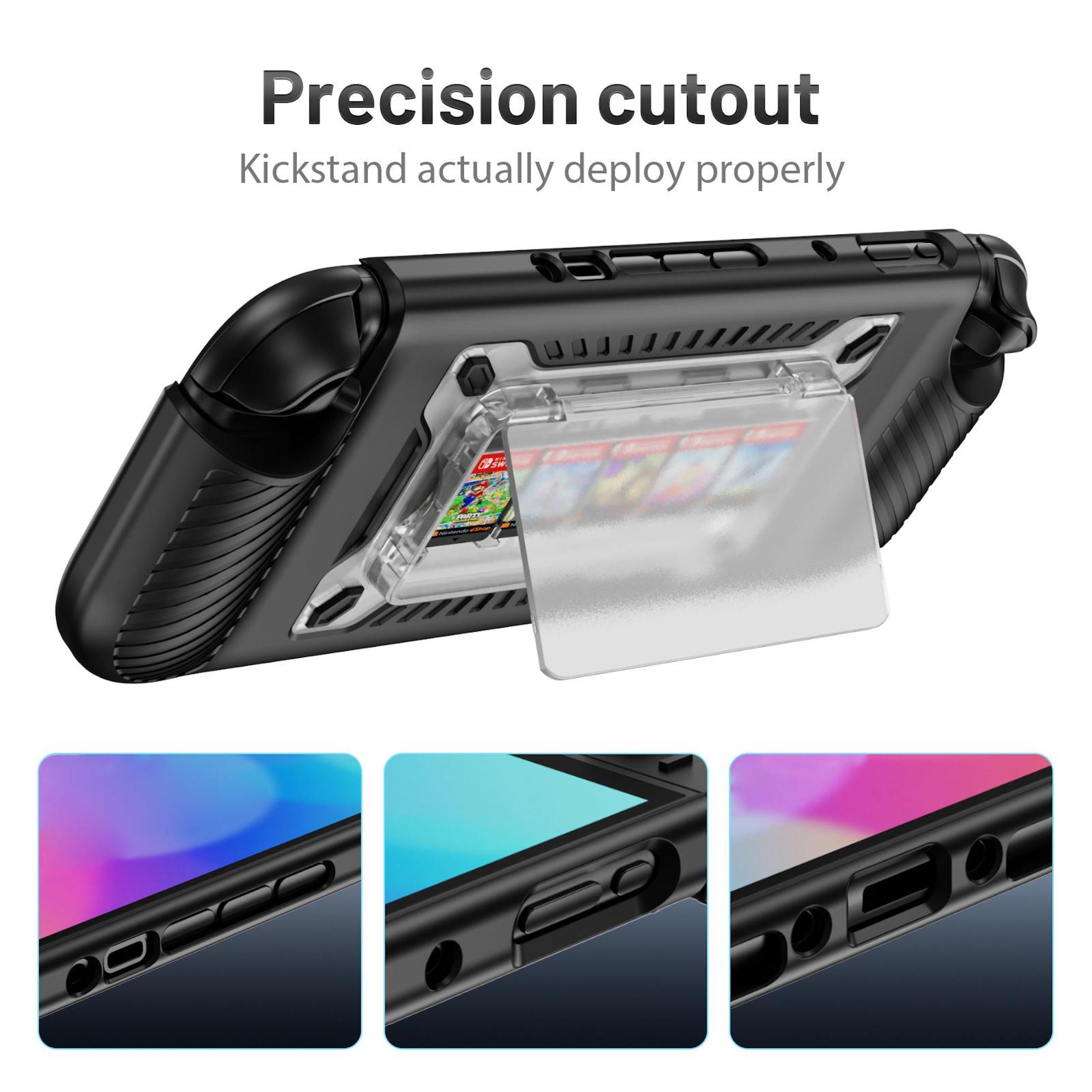 Schwarze Schutzhülle mit ausklappbarem Ständer für Nintendo Switch.