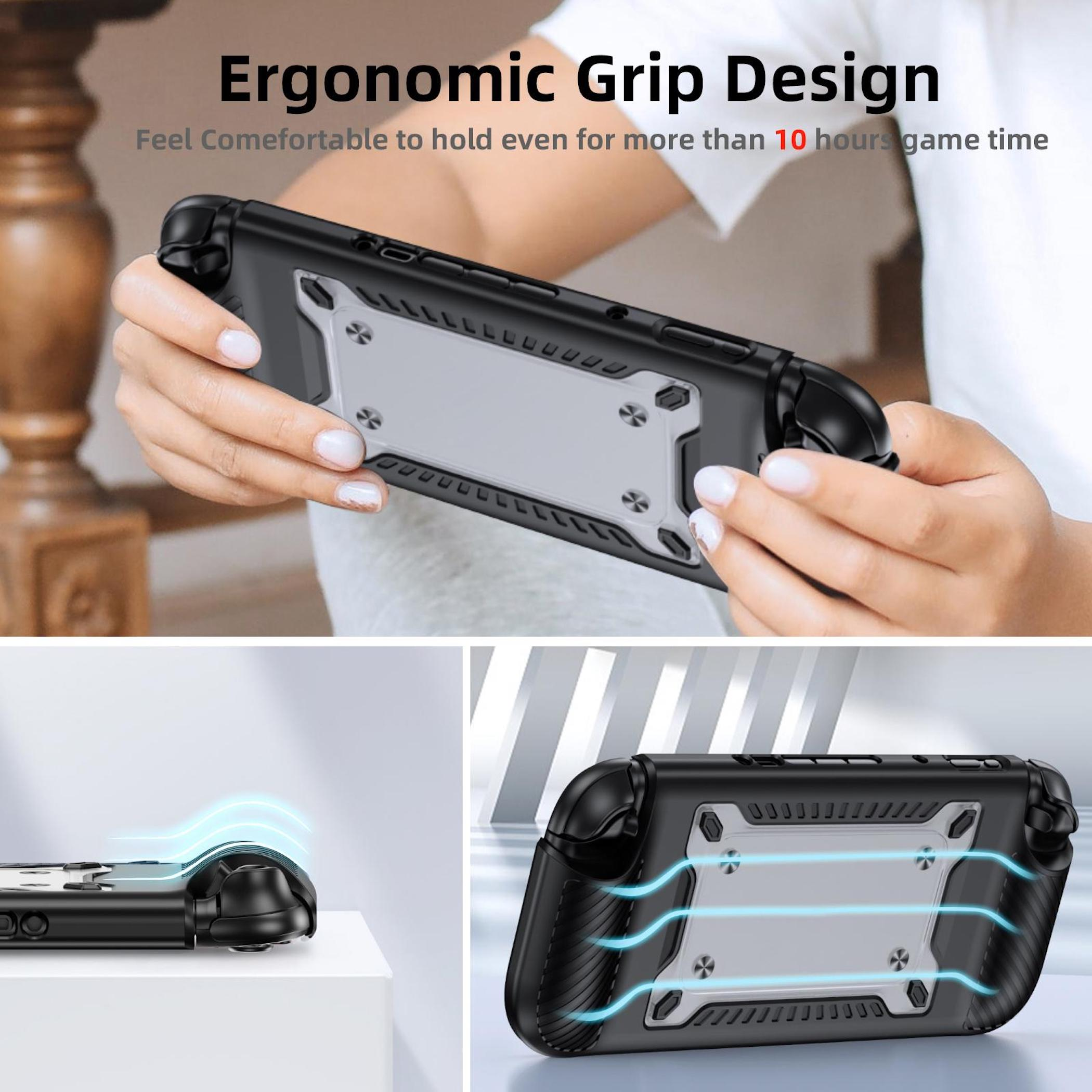 Ergonomische Griffschale mit Lüftungsschlitzen und Halterung.